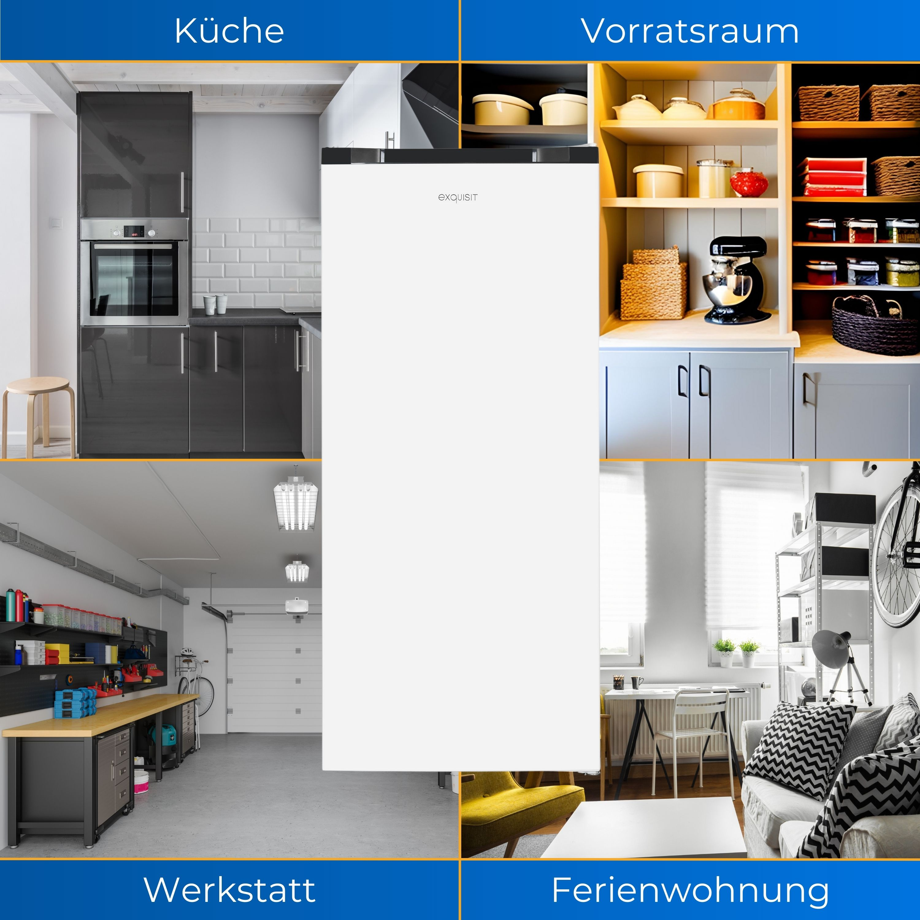 Zimmer-Collage: Küche, Speisekammer, Werkstatt und Wohnung, mit weißem Kühlschrank in der Mitte.