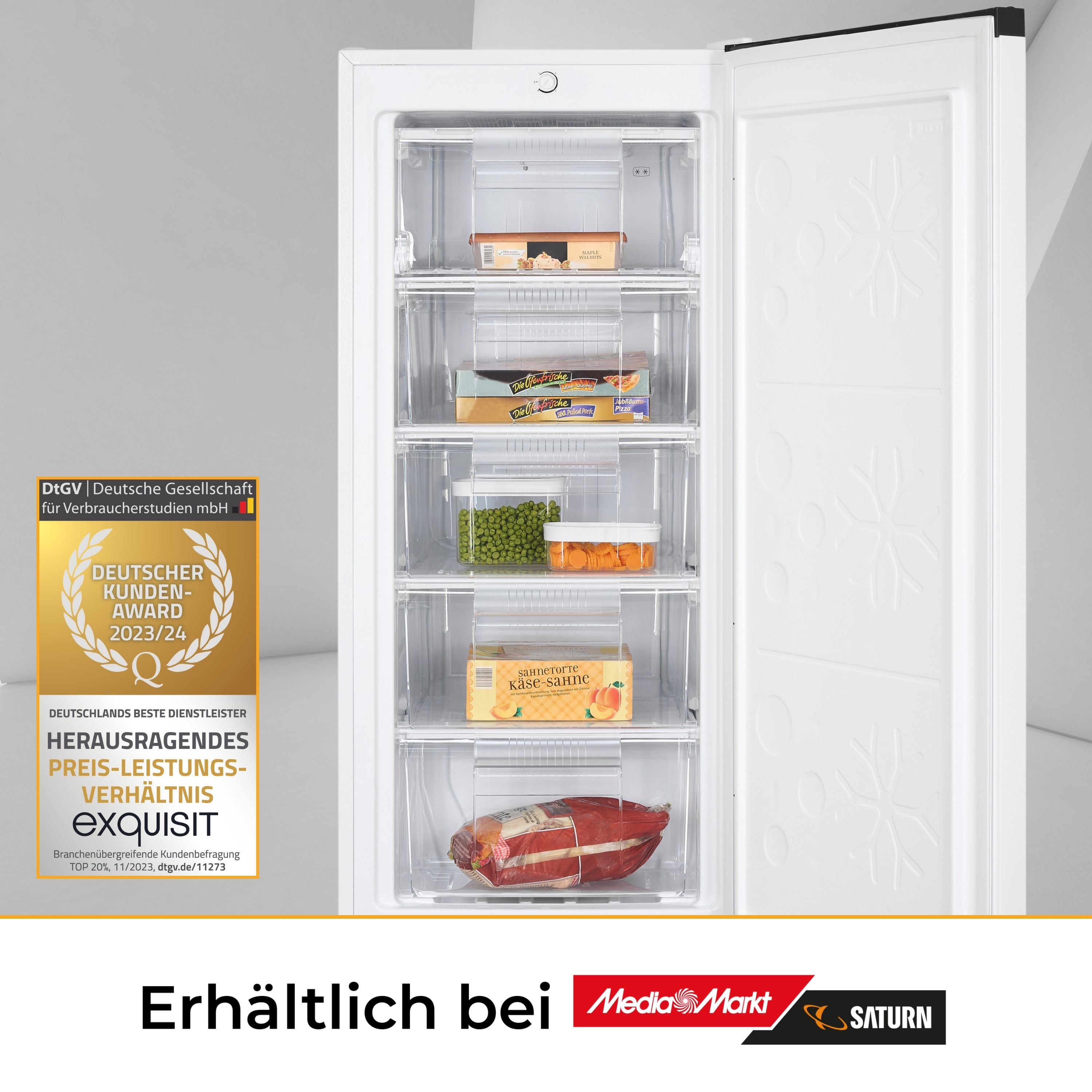 Offener weißer Gefrierschrank mit Lebensmitteln. Auszeichnung und Shop-Logos unten.