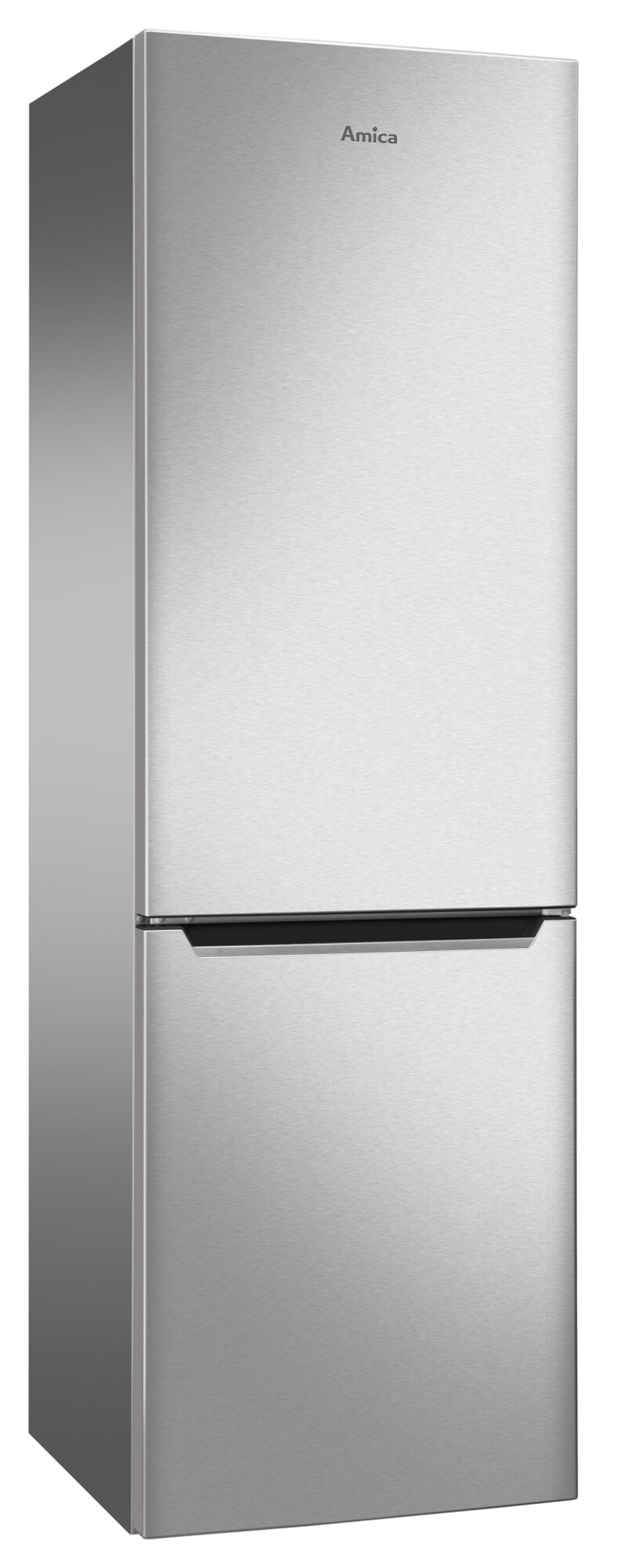 Edelstahl-Kühlschrank mit unterem Gefrierfach und der Marke Amica.
