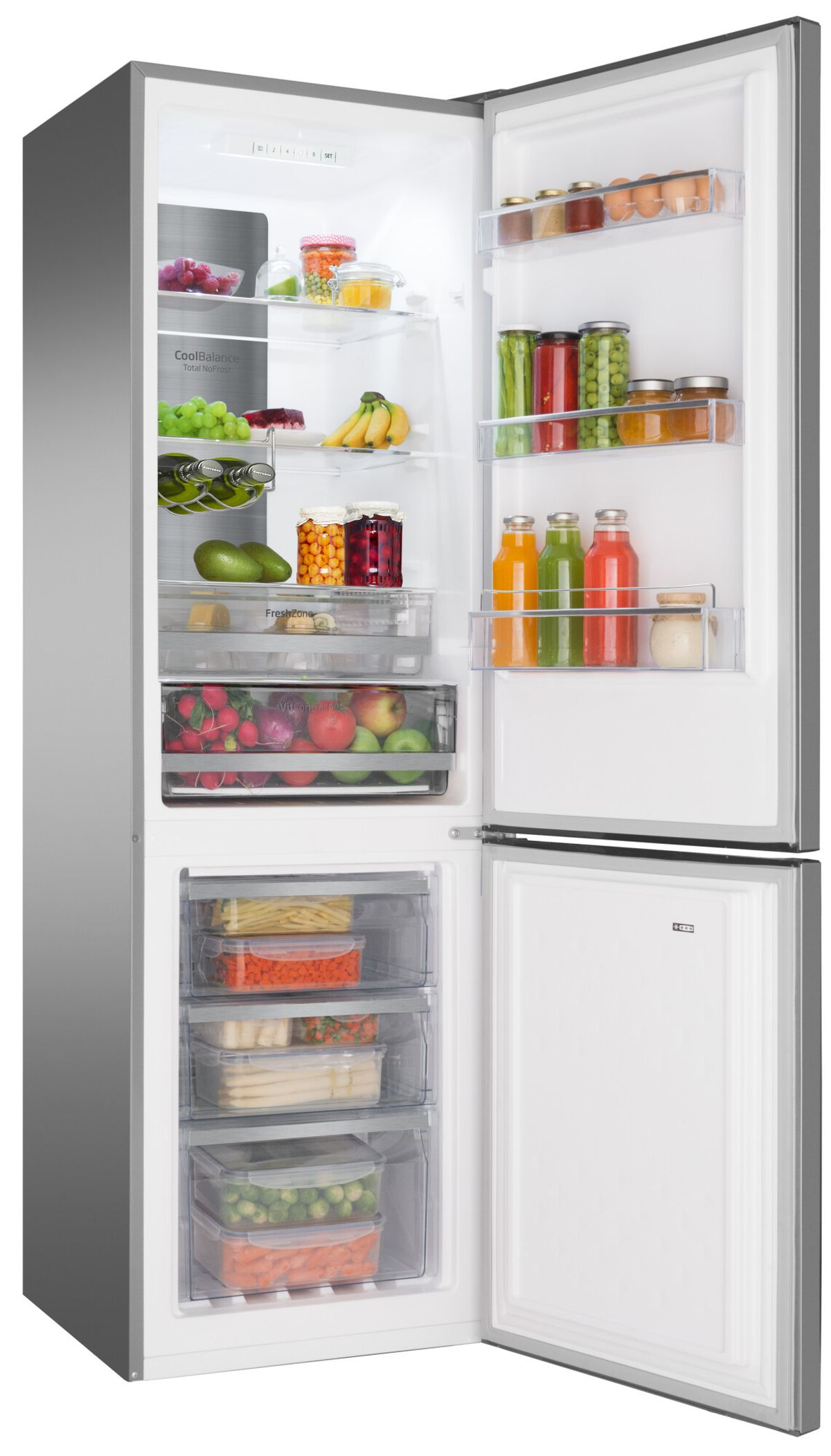 Ein Kühlschrank mit offener Tür, mit Früchten, Gemüse und Behältern.