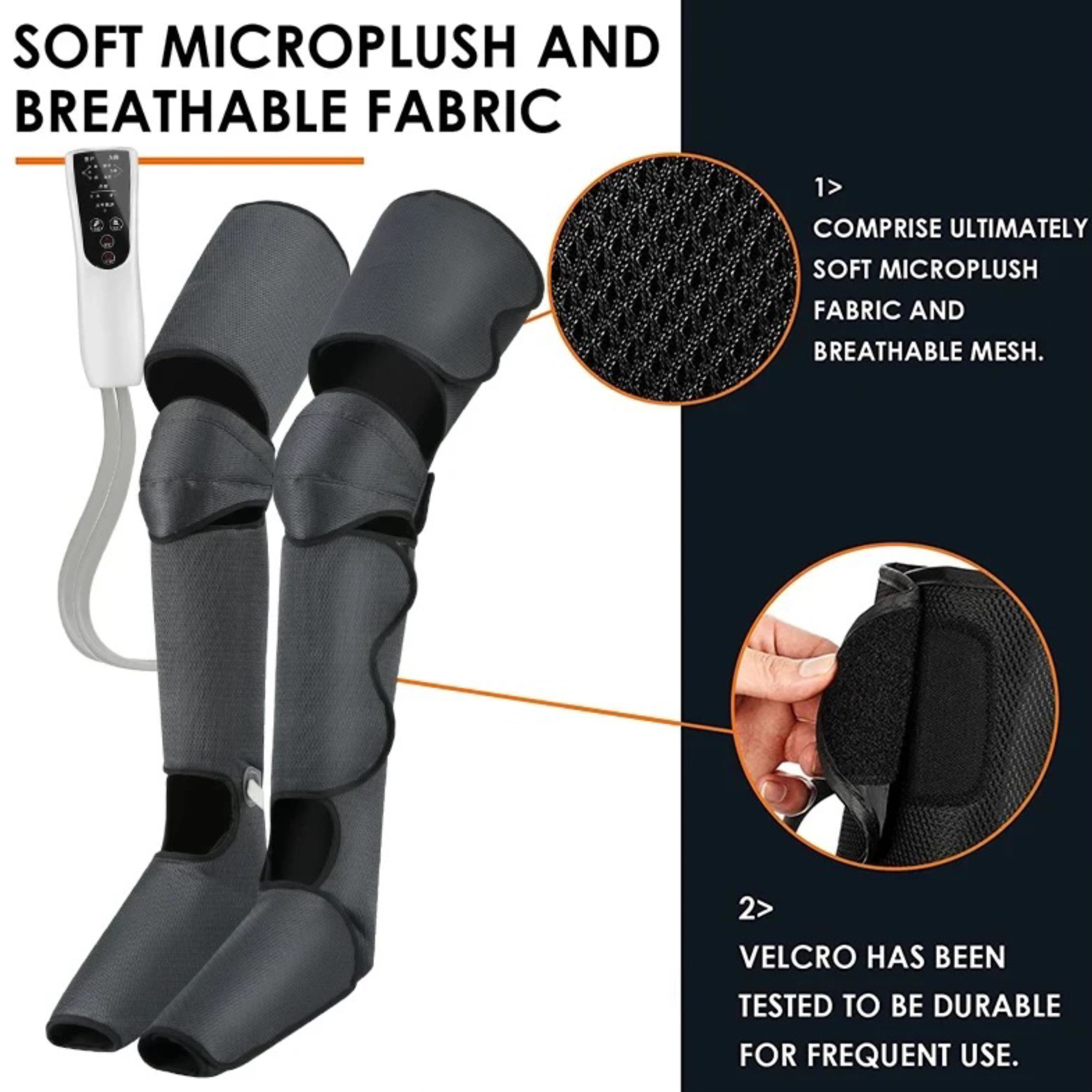 Dwie ciemnoszare kompresyjne rękawy na nogi z białym kontrolerem. Szczegóły tkaniny i rzepu.