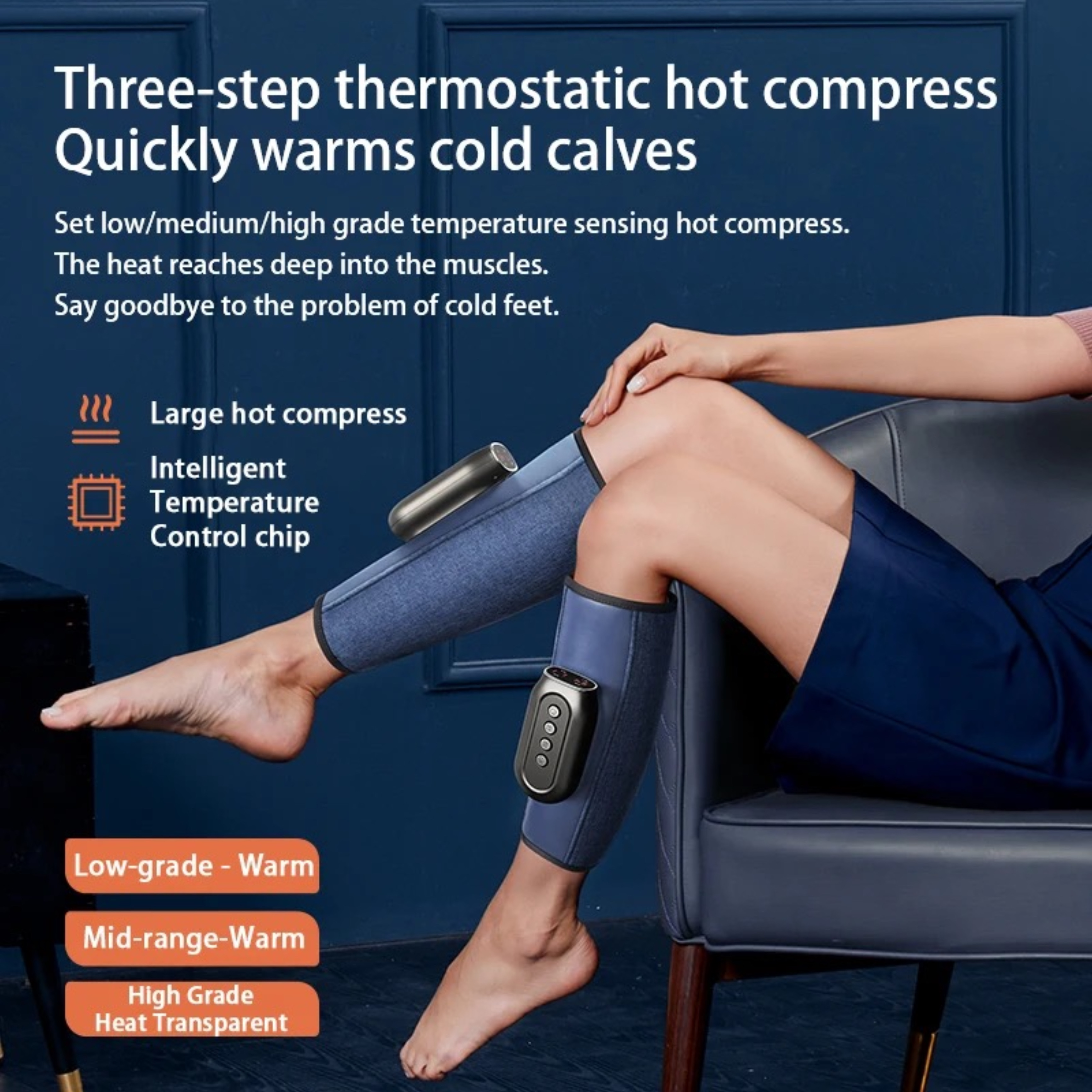 Kobieta siedzi, nosząc getry z panelem sterowania. Obraz promuje trzystopniowy kompres cieplny.