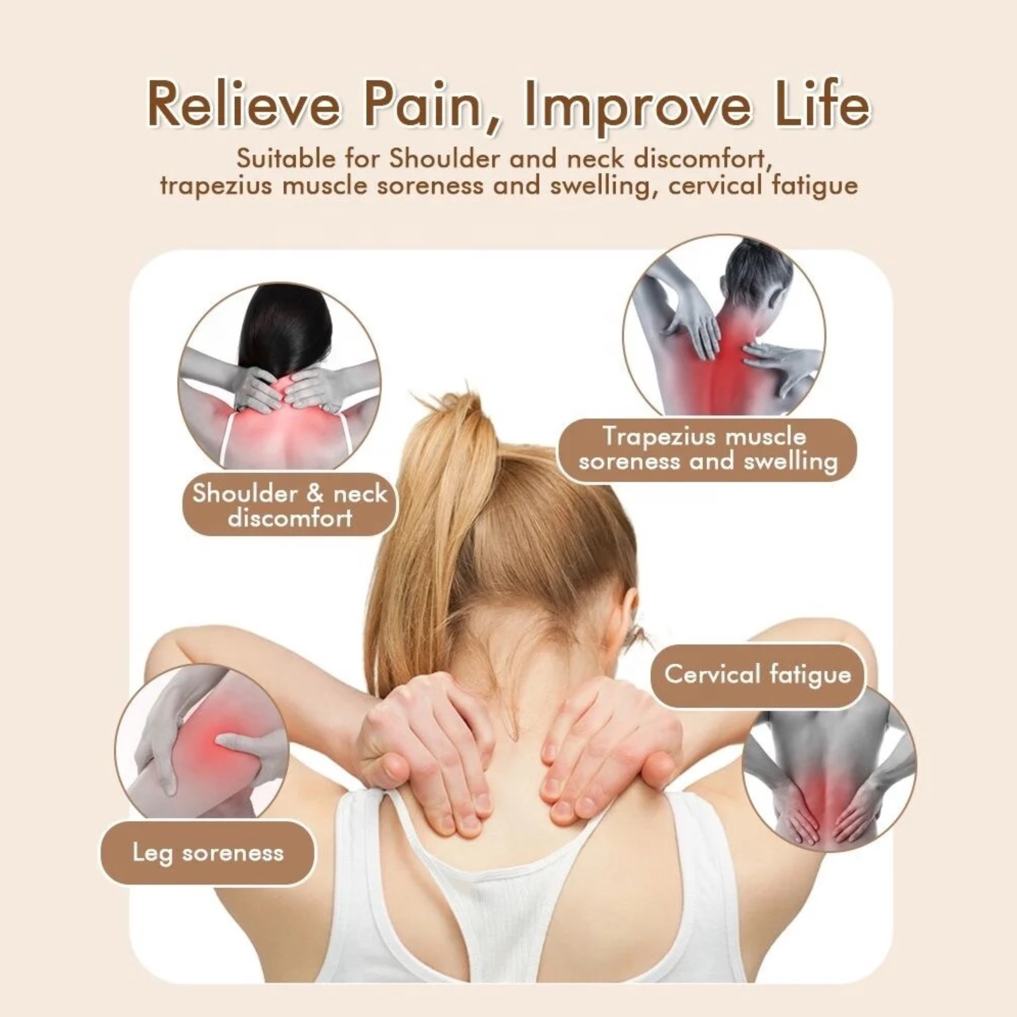 Kobieta dotykająca szyi, pokazująca obszary bólu. Tekst: Uśmierz ból, popraw życie. Beżowe tło.