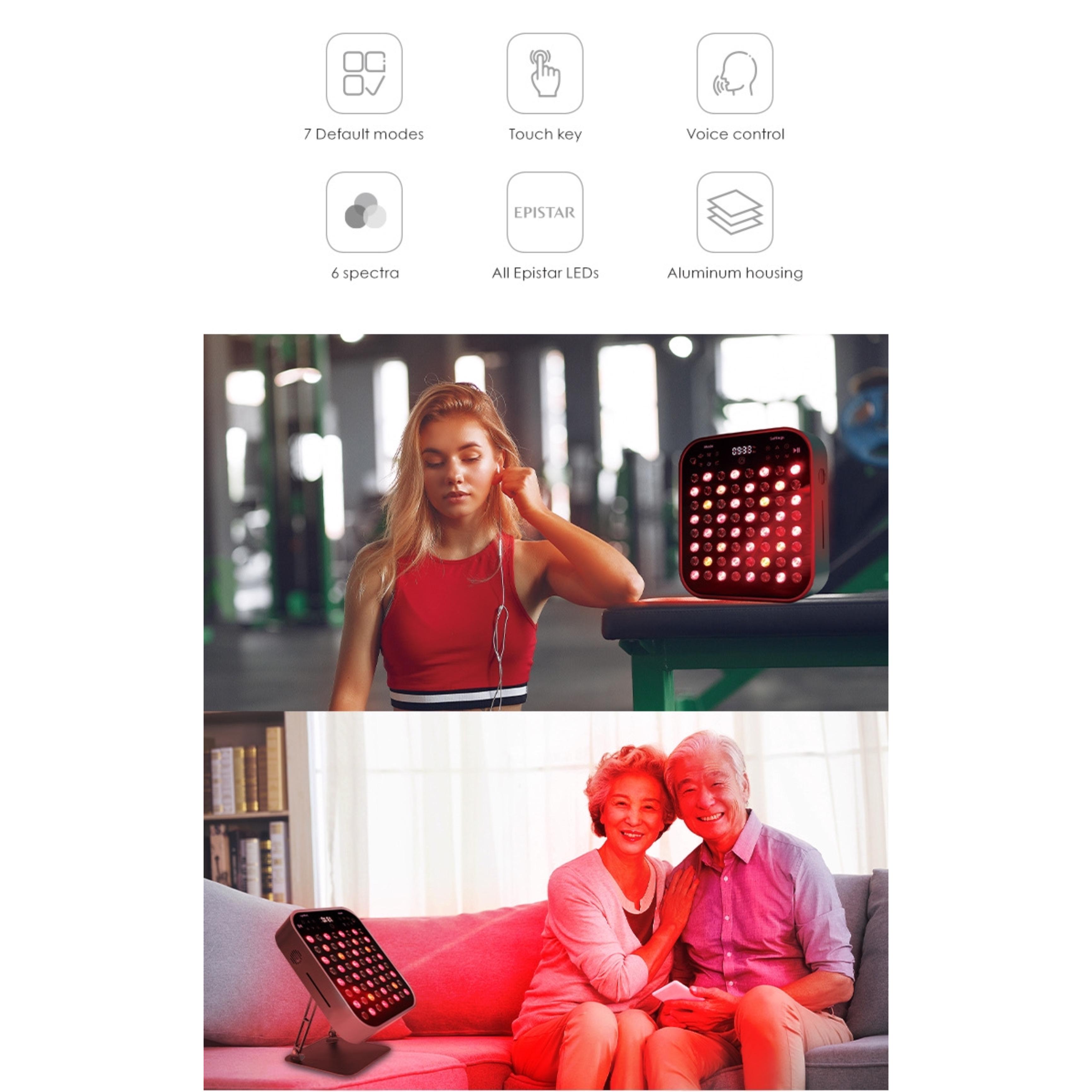 Kobieta i starsza para z urządzeniami do terapii światłem czerwonym. Etykiety tekstowe.