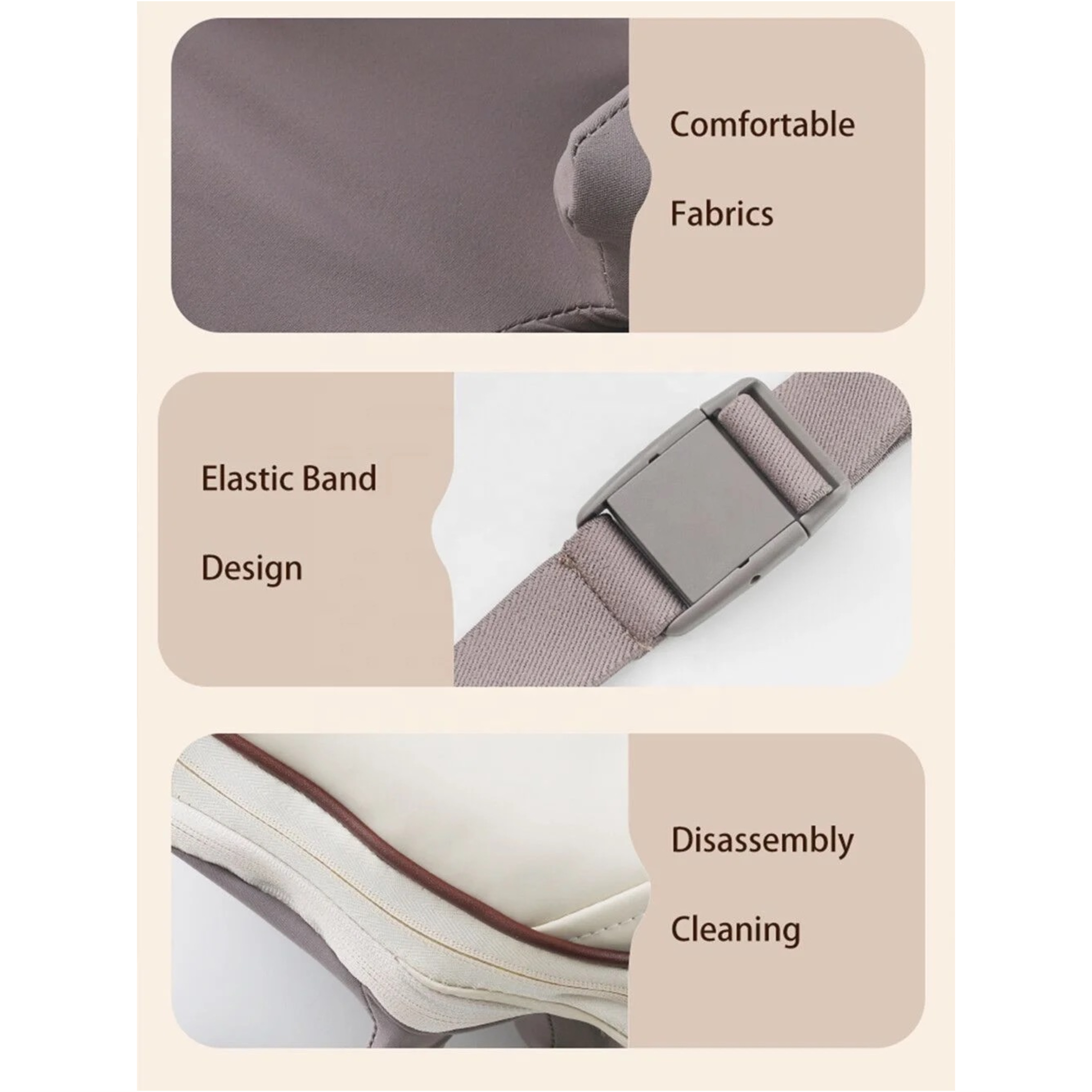 Zbliżenie fragmentów materiału z tekstem o tkaninach, gumce i czyszczeniu.