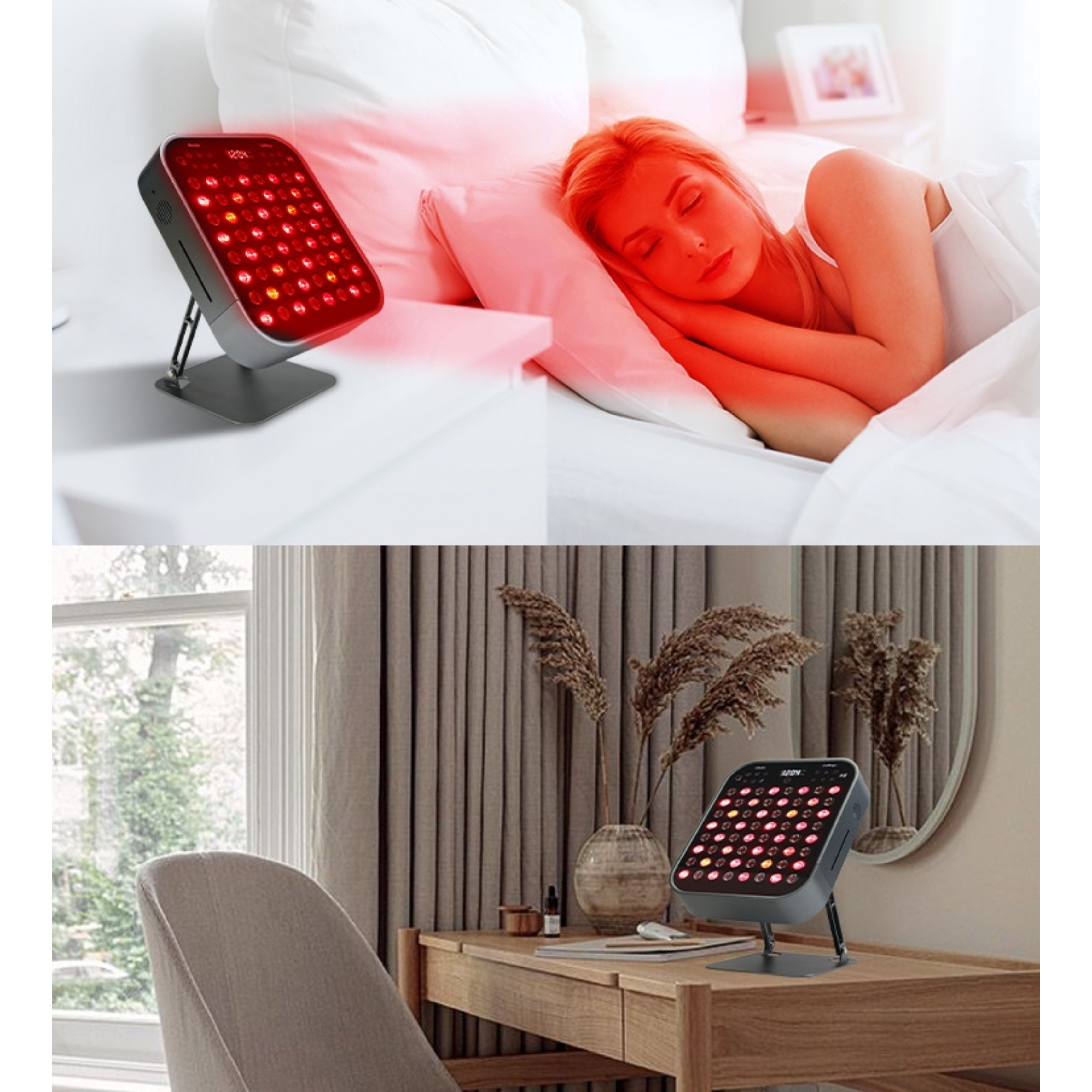 Urządzenie do terapii światłem czerwonym na stojaku, obok śpiącej kobiety. Również na biurku.