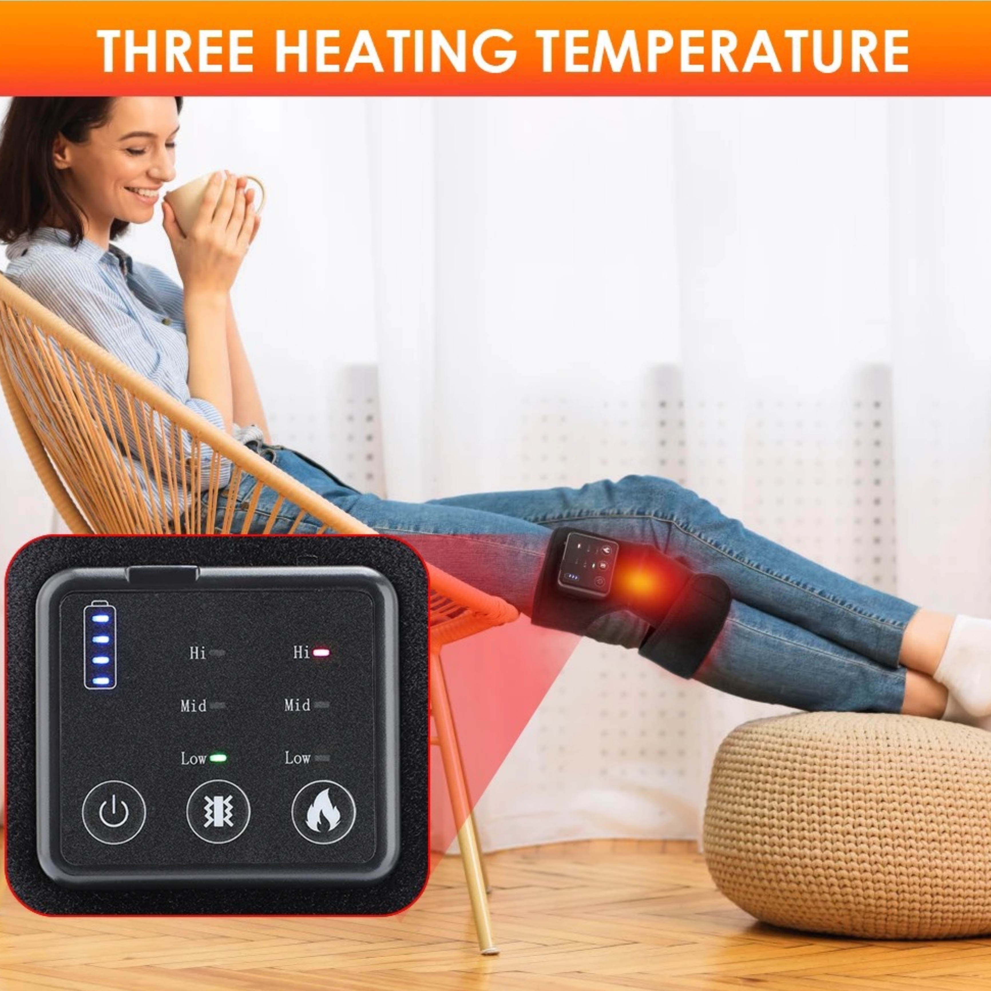 Kobieta w dżinsach używająca poduszki rozgrzewającej kolano. Panel sterowania wyświetla ustawienia temperatury.