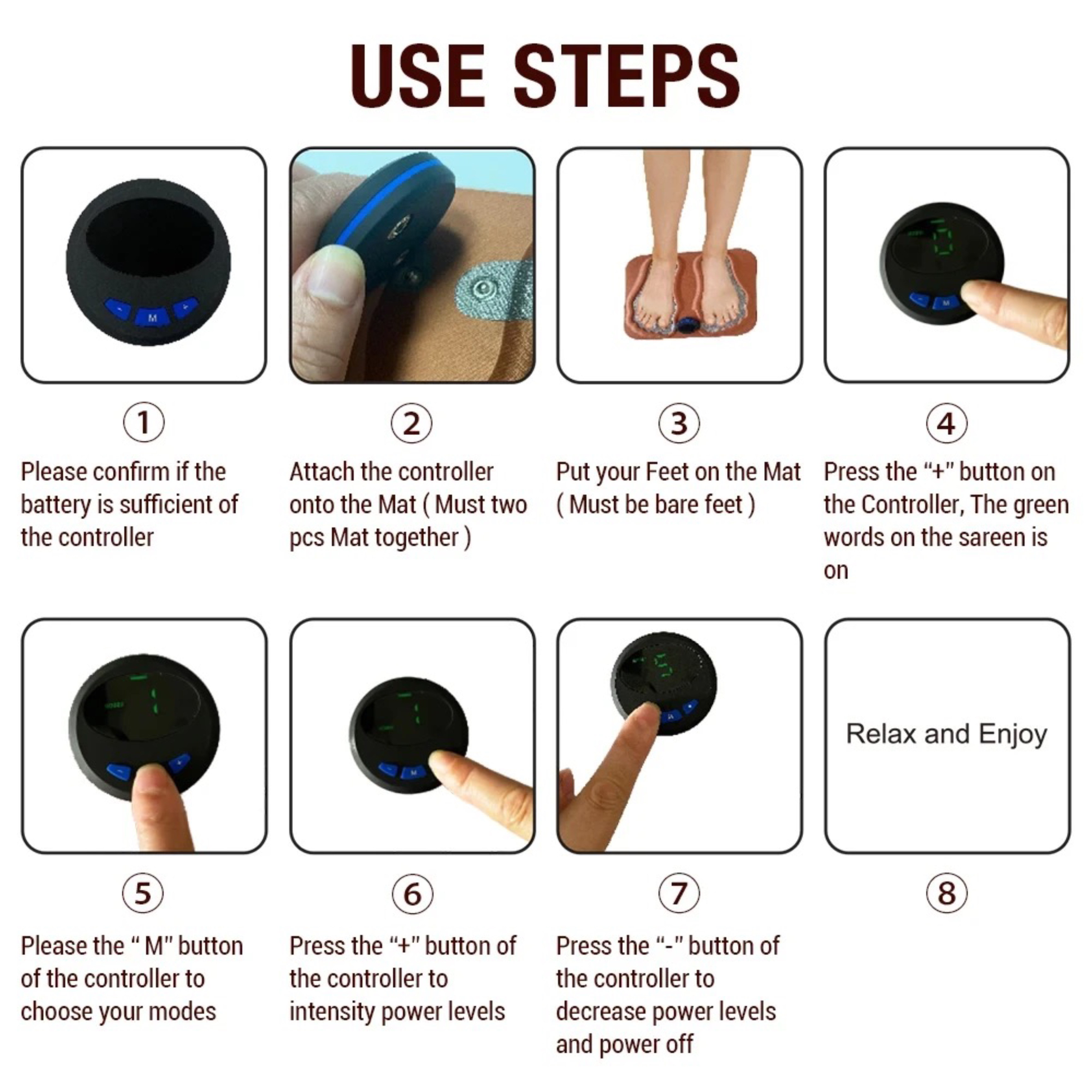 Wizualny przewodnik z krokami używania urządzenia. Pokazuje diagramy, zawiera instrukcje tekstowe i kontroler.