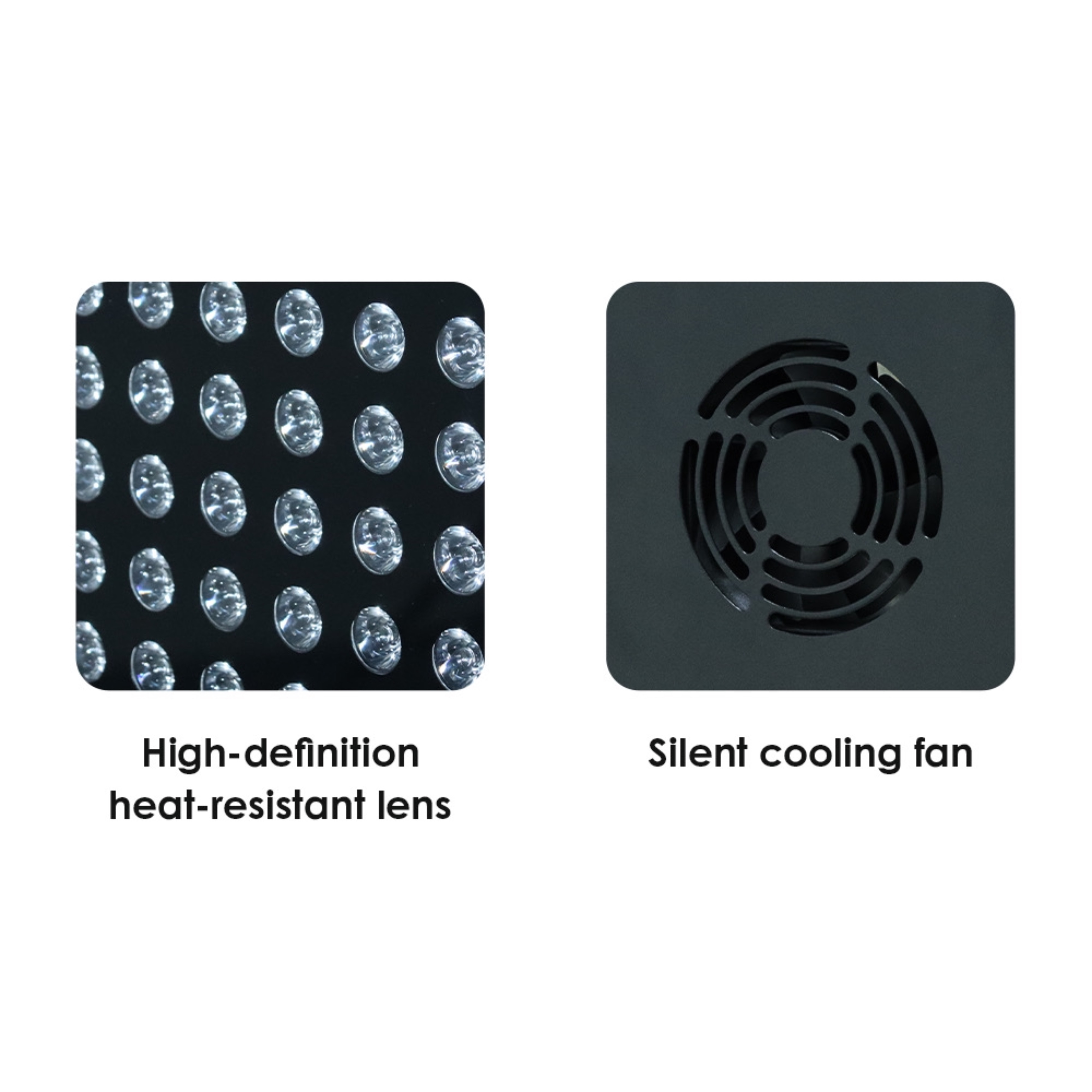 Dwa obrazy obiektywu odpornego na wysoką temperaturę w wysokiej rozdzielczości i cichego wentylatora chłodzącego. Oba znajdują się na białym tle.