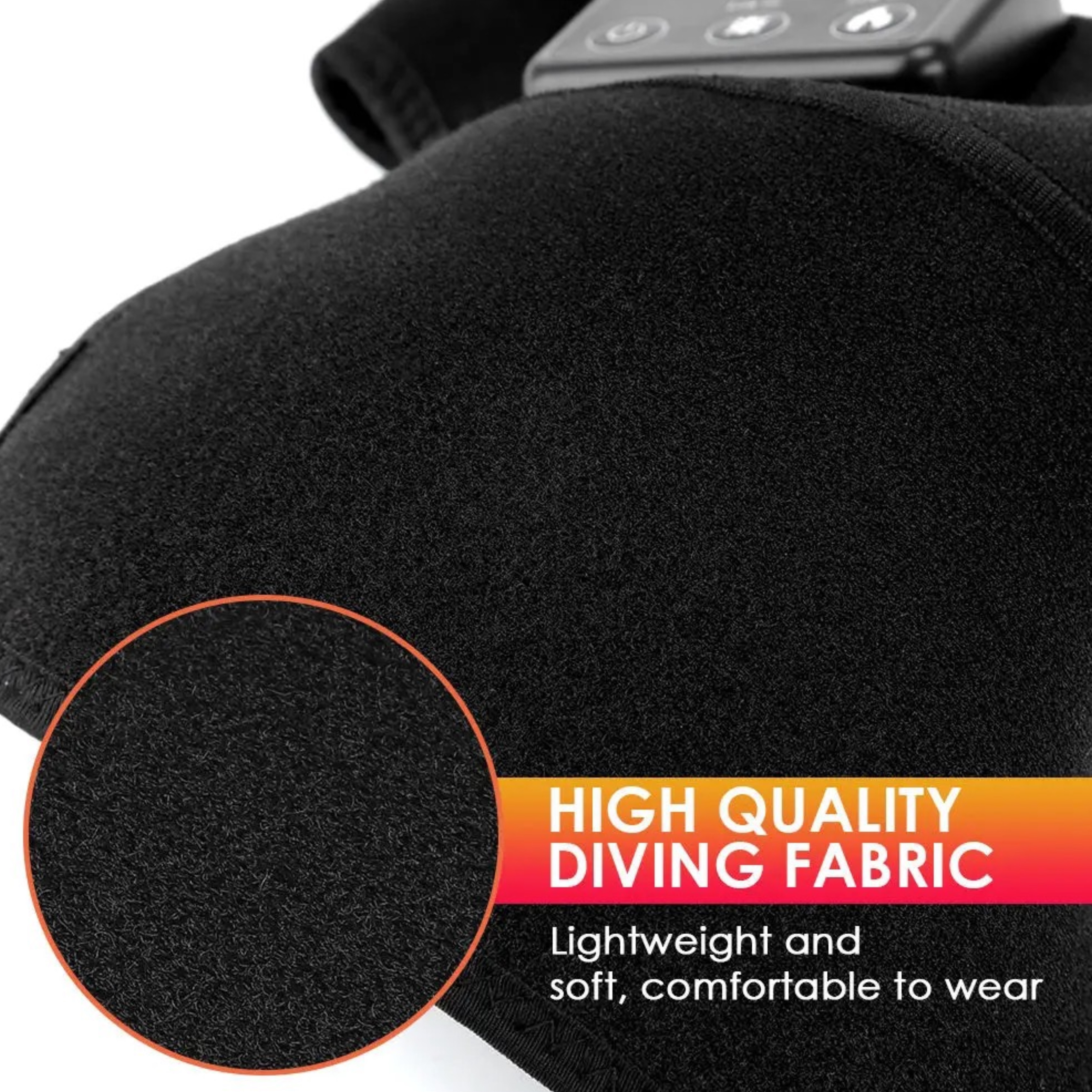 Czarny masażer kolan z zbliżeniem materiału. Tekst mówi 'HIGH QUALITY DIVING FABRIC'.