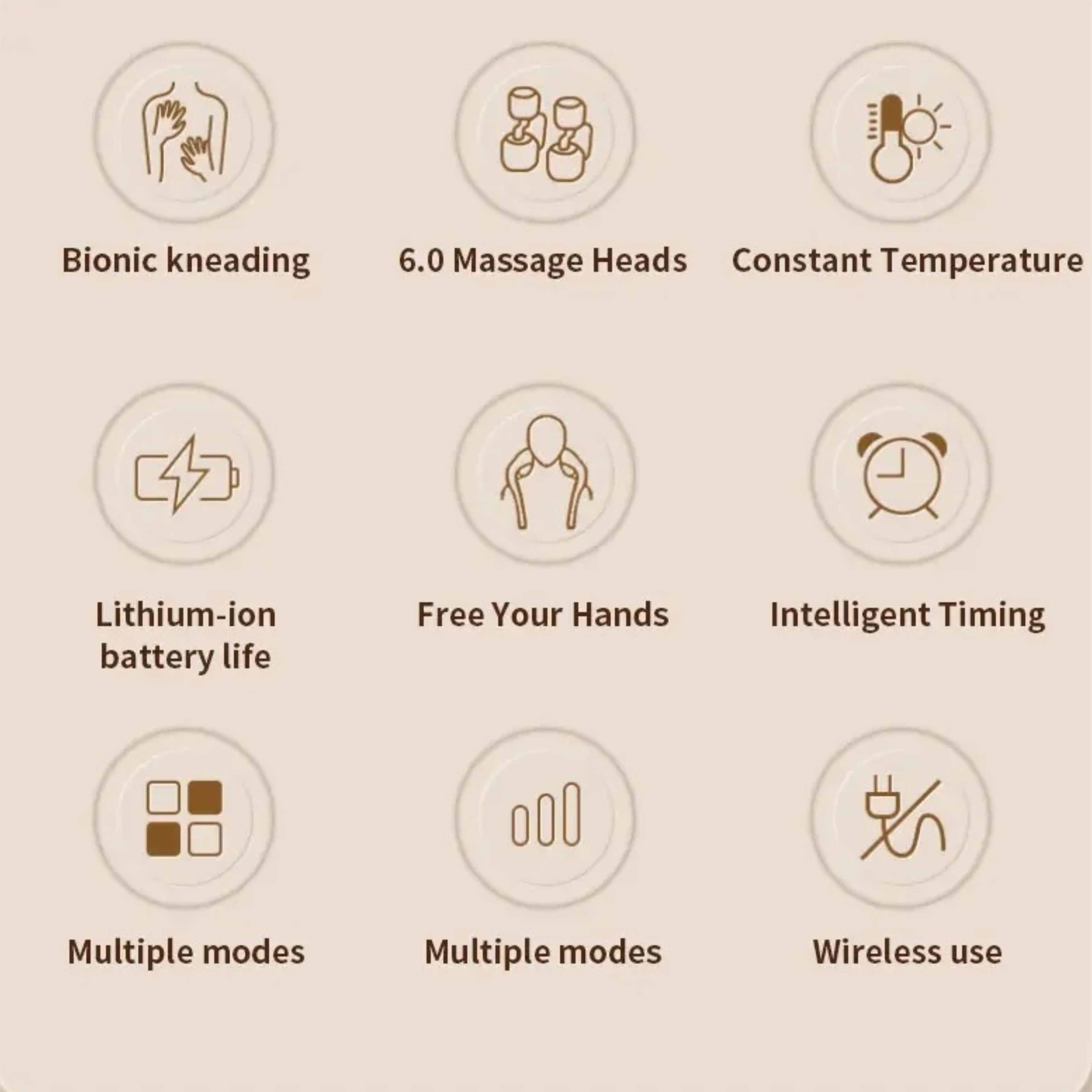Dziewięć ikon z tekstem. Ikony przedstawiają funkcje pielęgnacji ciała, takie jak masaż i kontrola temperatury.
