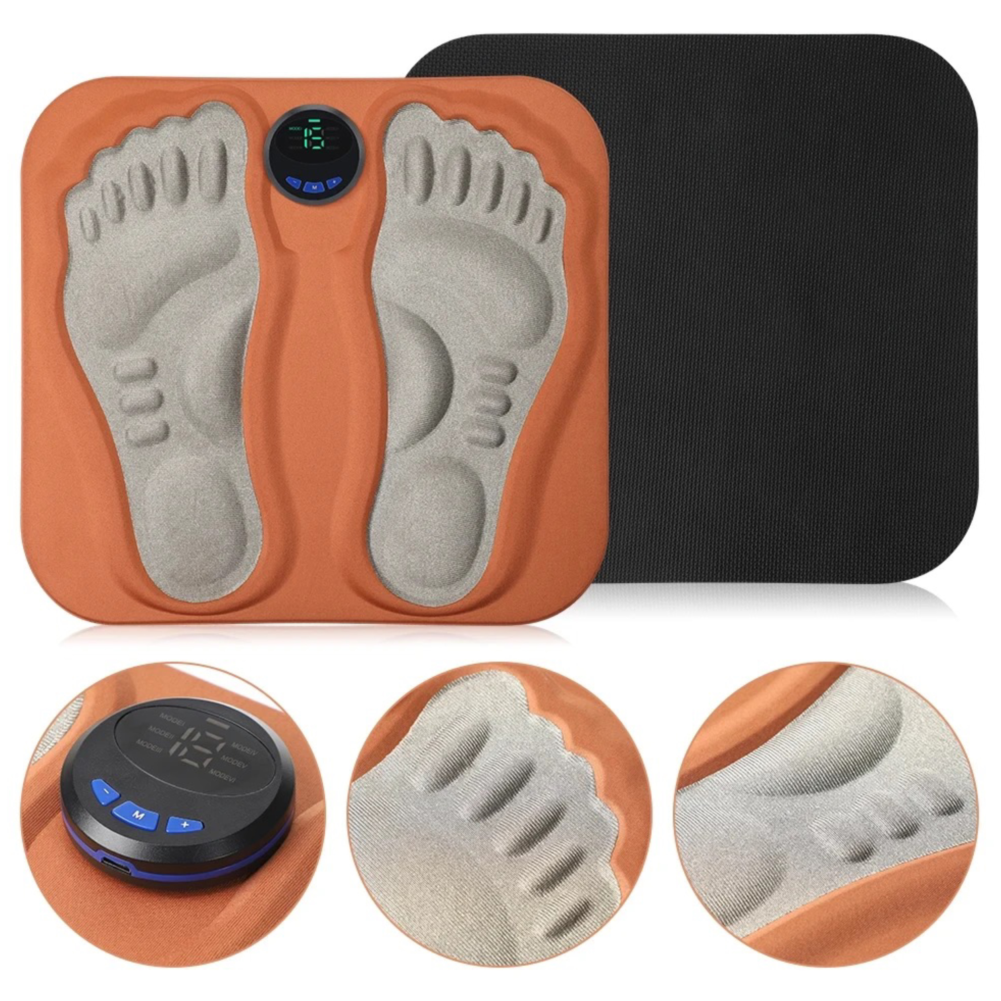 Pomarańczowy masażer stóp z odciskami stóp. Posiada wyświetlacz cyfrowy i panel sterowania. Pokazano wiele widoków.