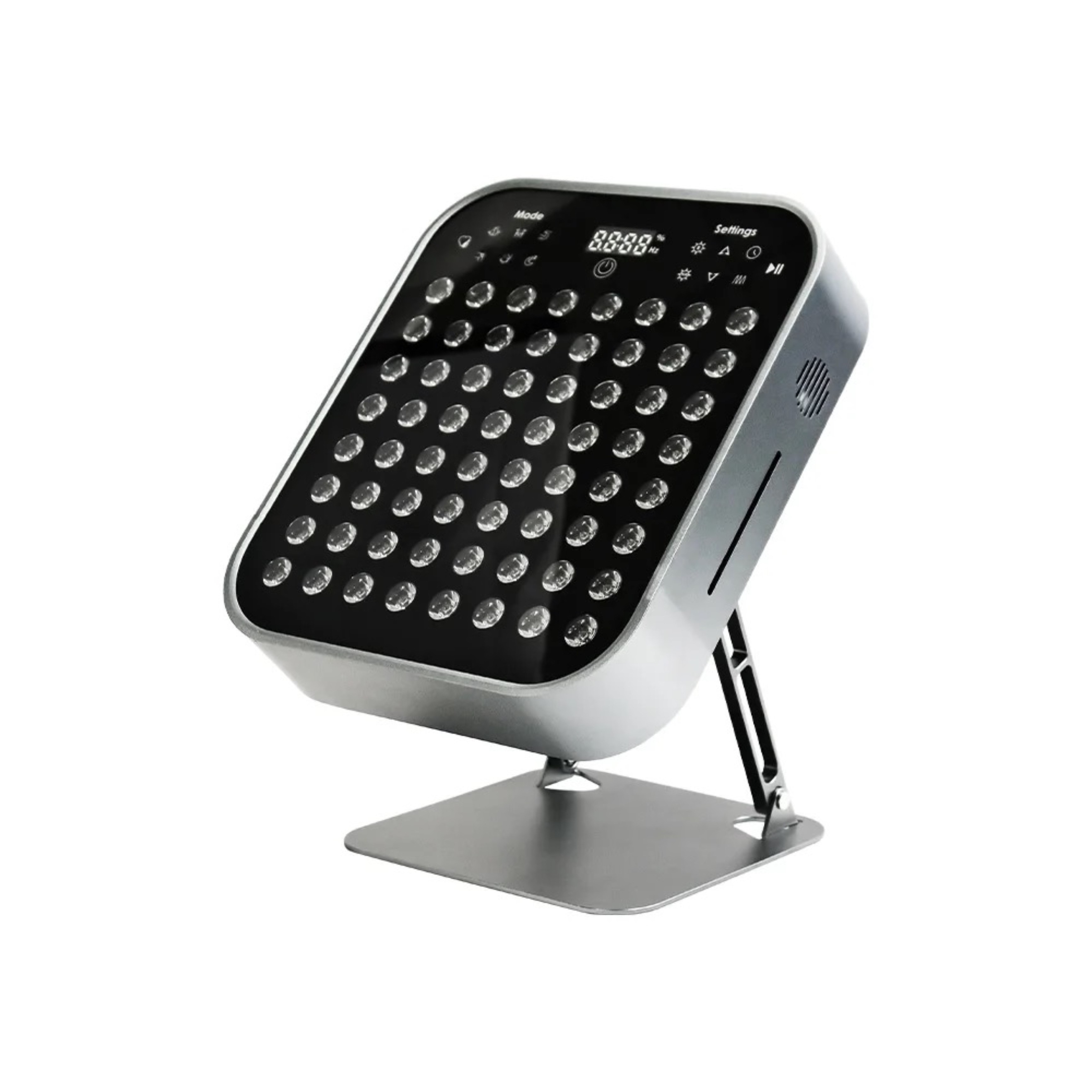 Srebrny panel świetlny z wieloma światłami i przyciskami ustawień na stojaku.