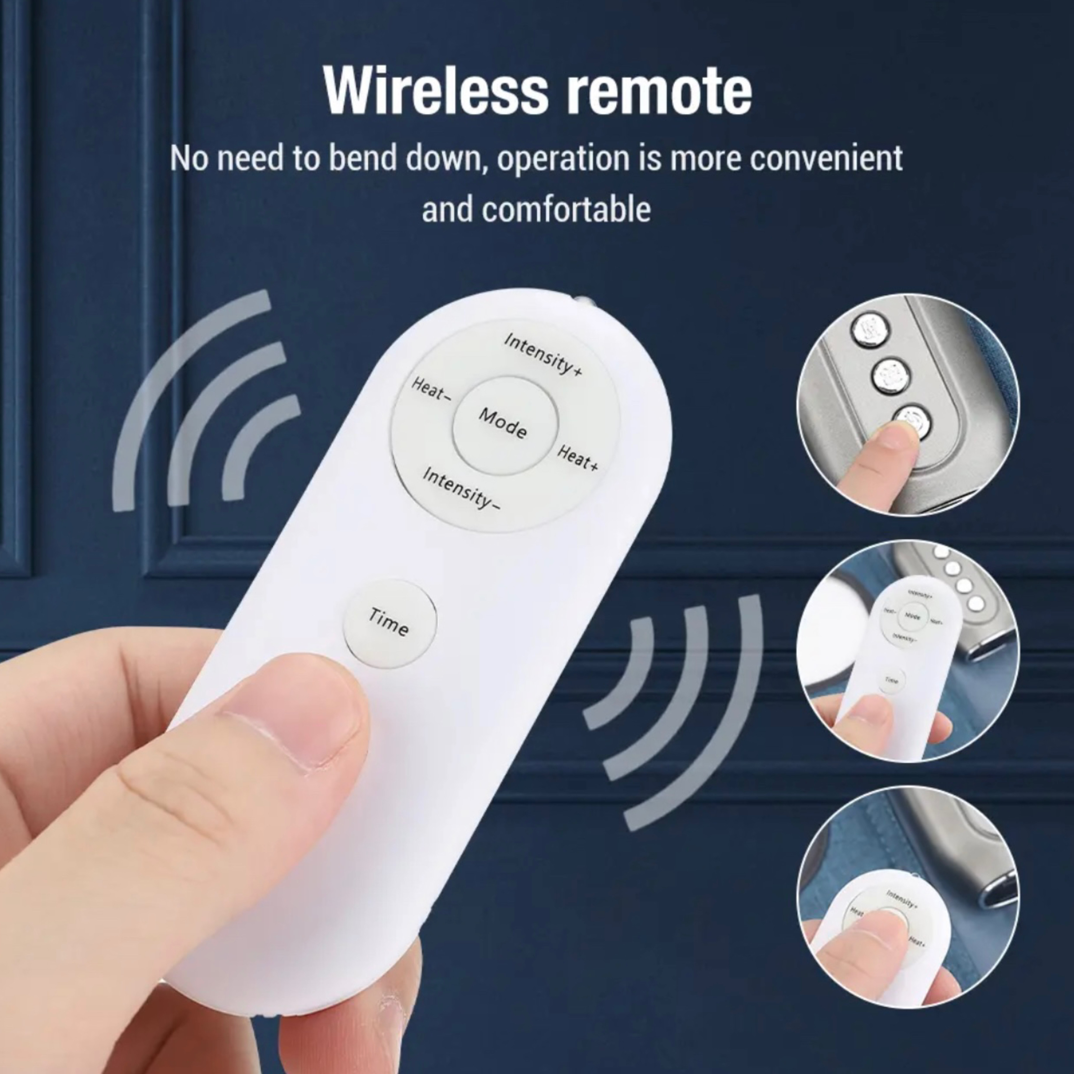 Biały pilot z przyciskami do regulacji ciepła, trybu i intensywności. Trzy zbliżenia.