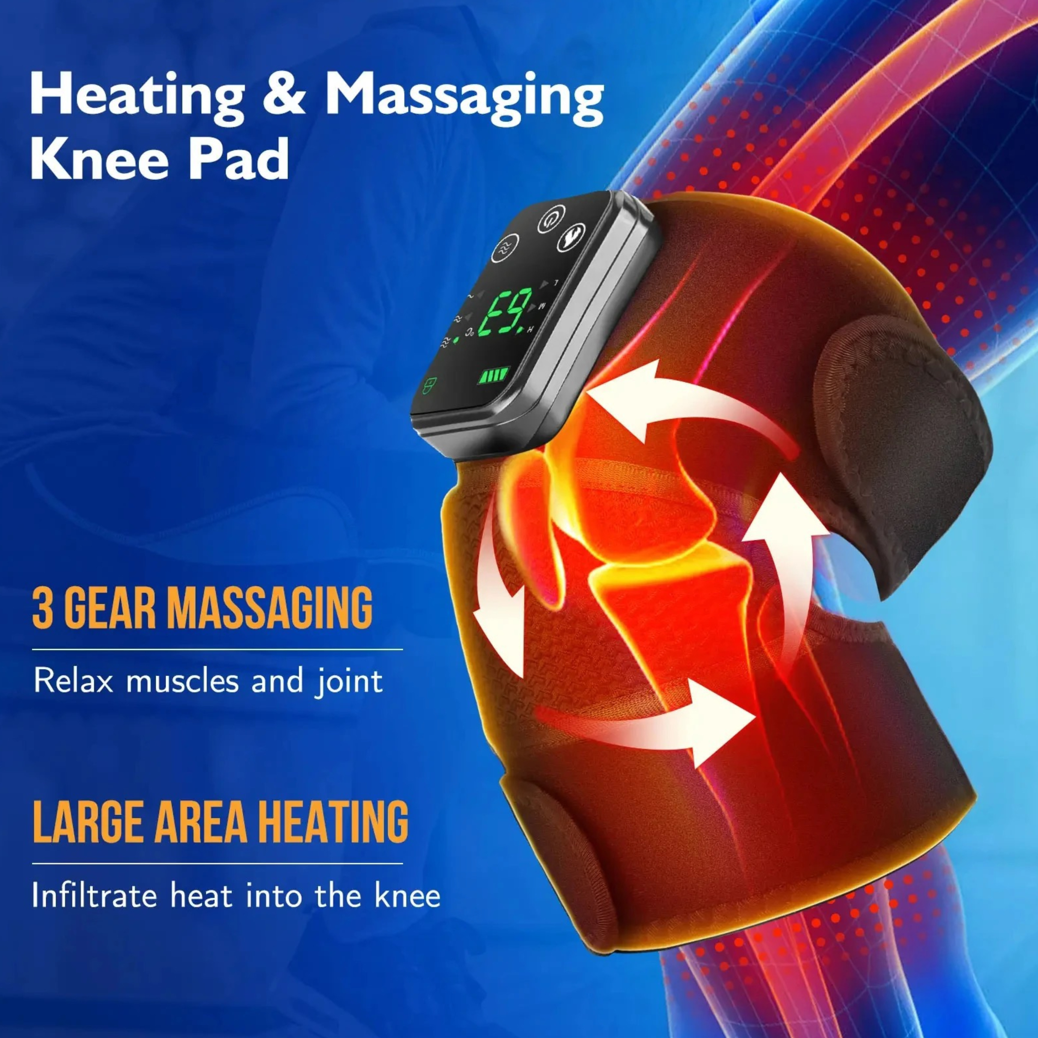 Nakolannik z cyfrowym panelem sterowania, strzałkami i tekstem opisującym funkcje ogrzewania i masażu.