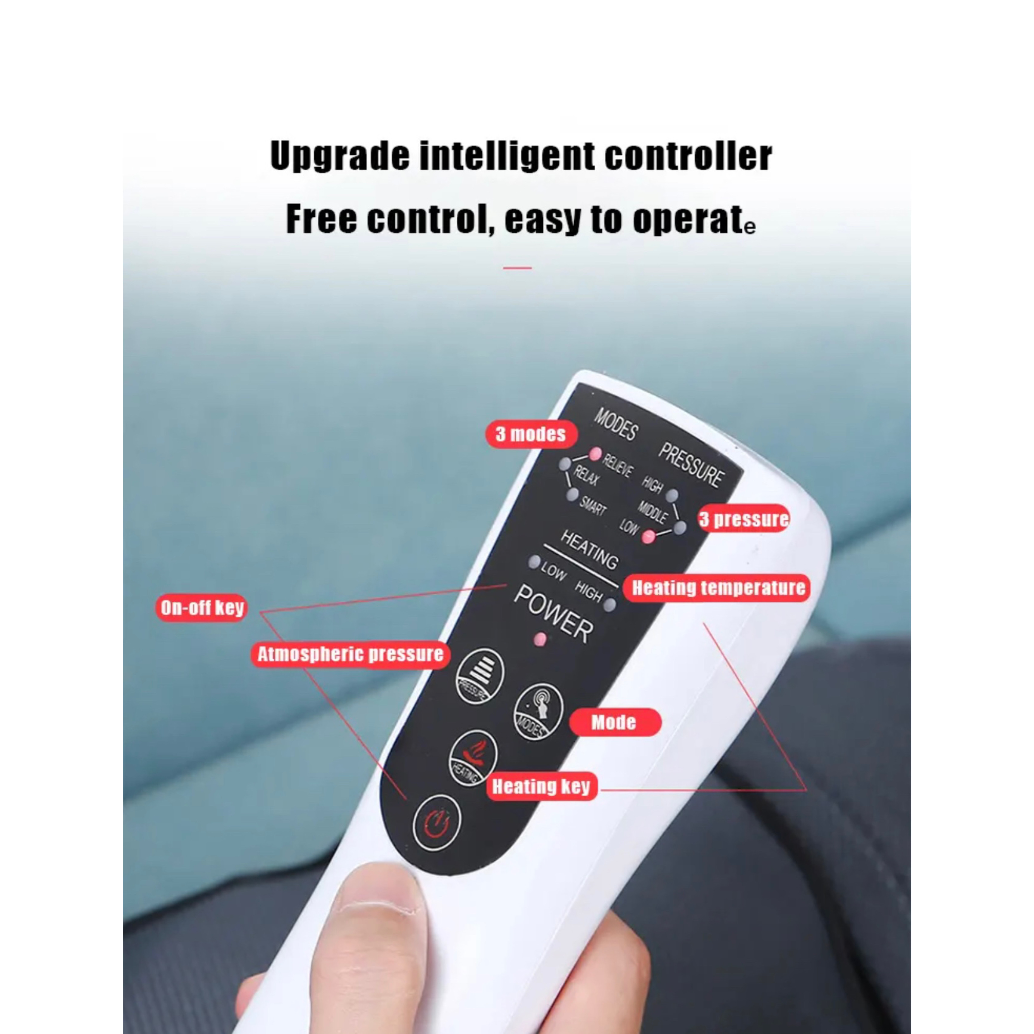 Biały pilot z przyciskami 'Relieve', 'Heating', 'Mode' i 'Power'. Trzyma go ręka.