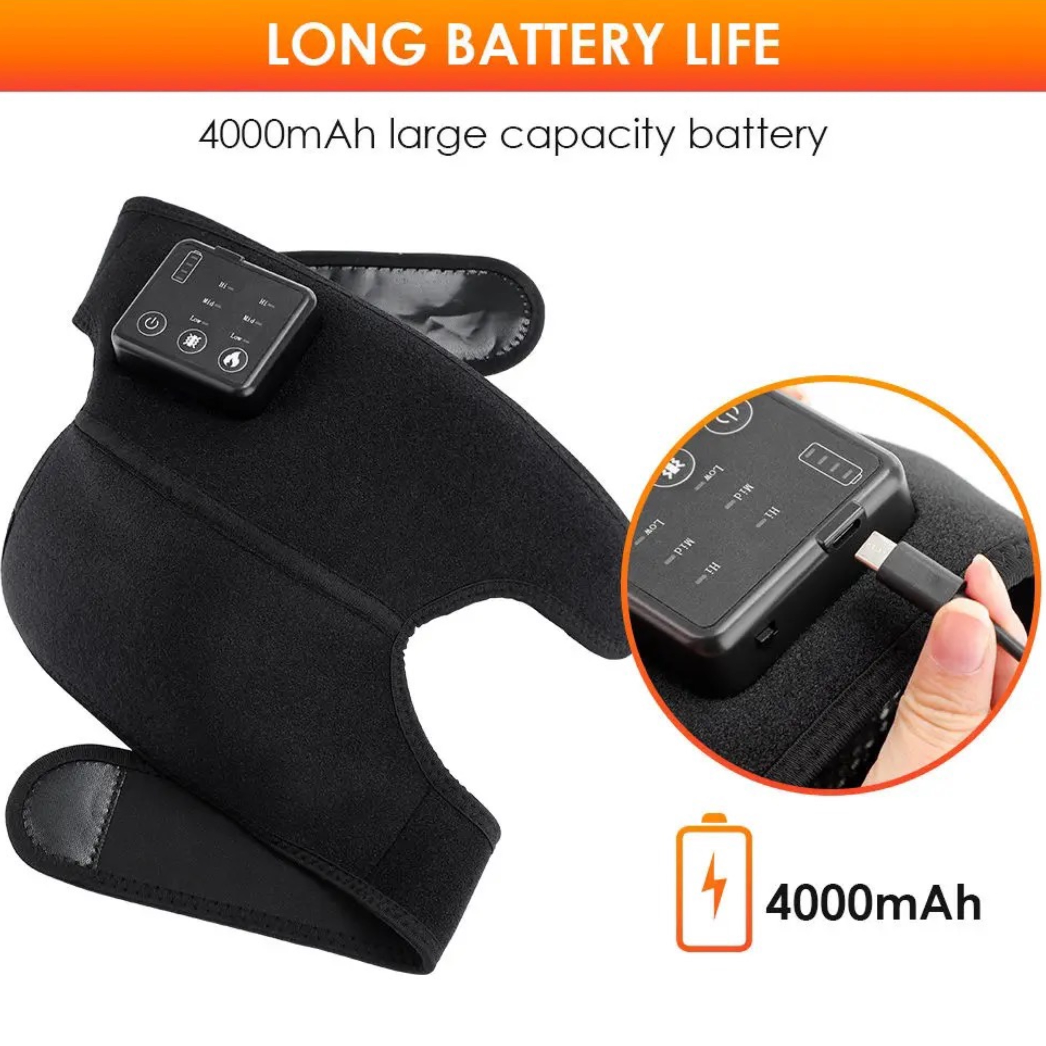 Czarna orteza kolana z dołączonym panelem sterowania i kablem do ładowania. Nakładka tekstowa.