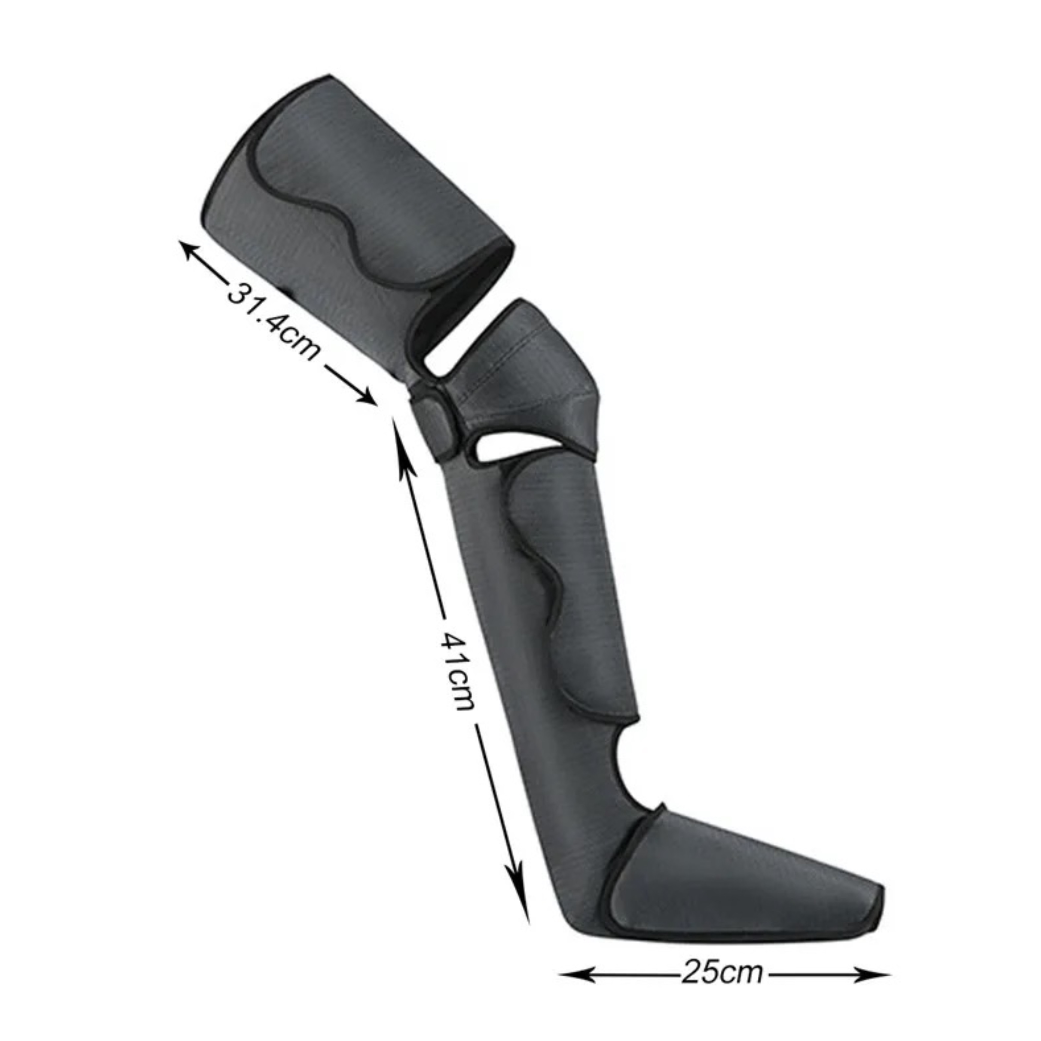 Medyczny masażer nóg z wymiarami, w kolorze szarym, na białym tle.