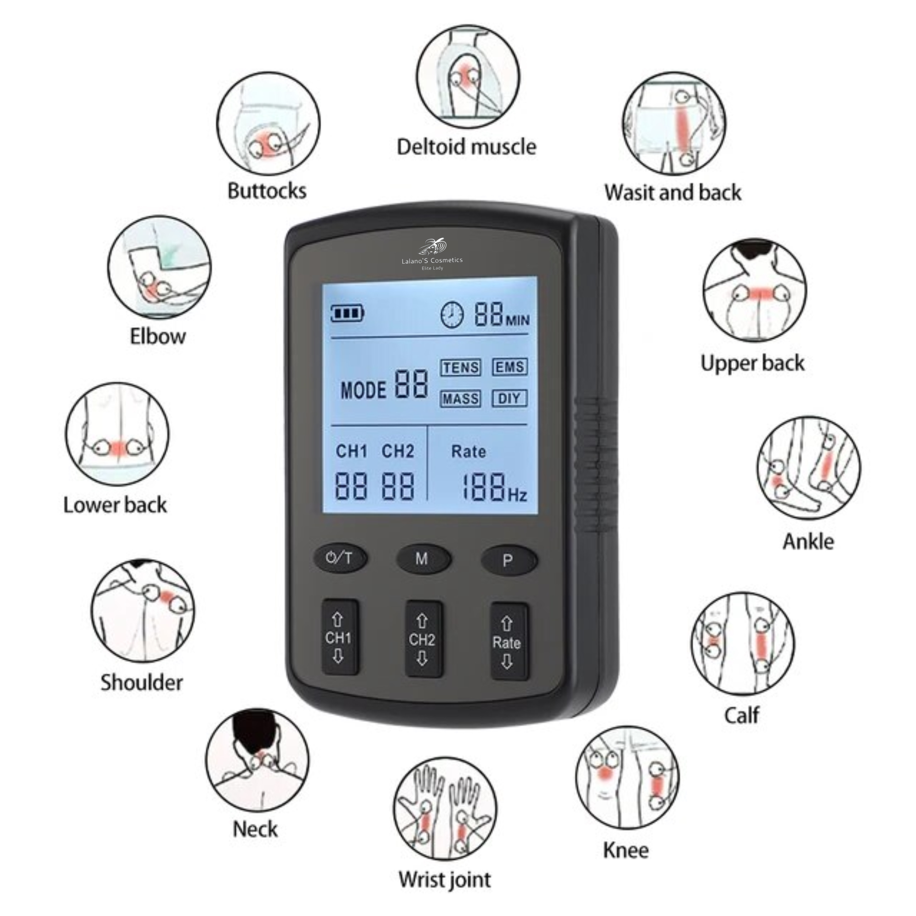 Czarne urządzenie TENS/EMS z ekranem i diagramami obszarów leczenia.