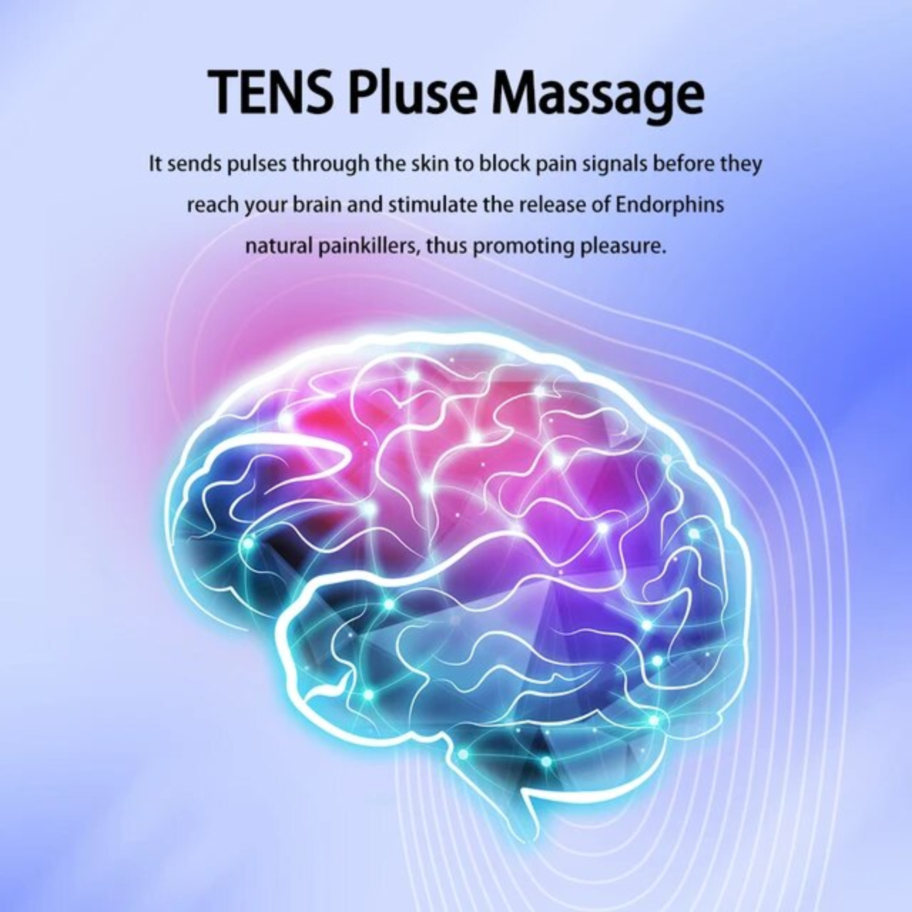 Mózg z neonowymi liniami, z tekstem: Masaż impulsowy TENS. Wyjaśniający korzyści.