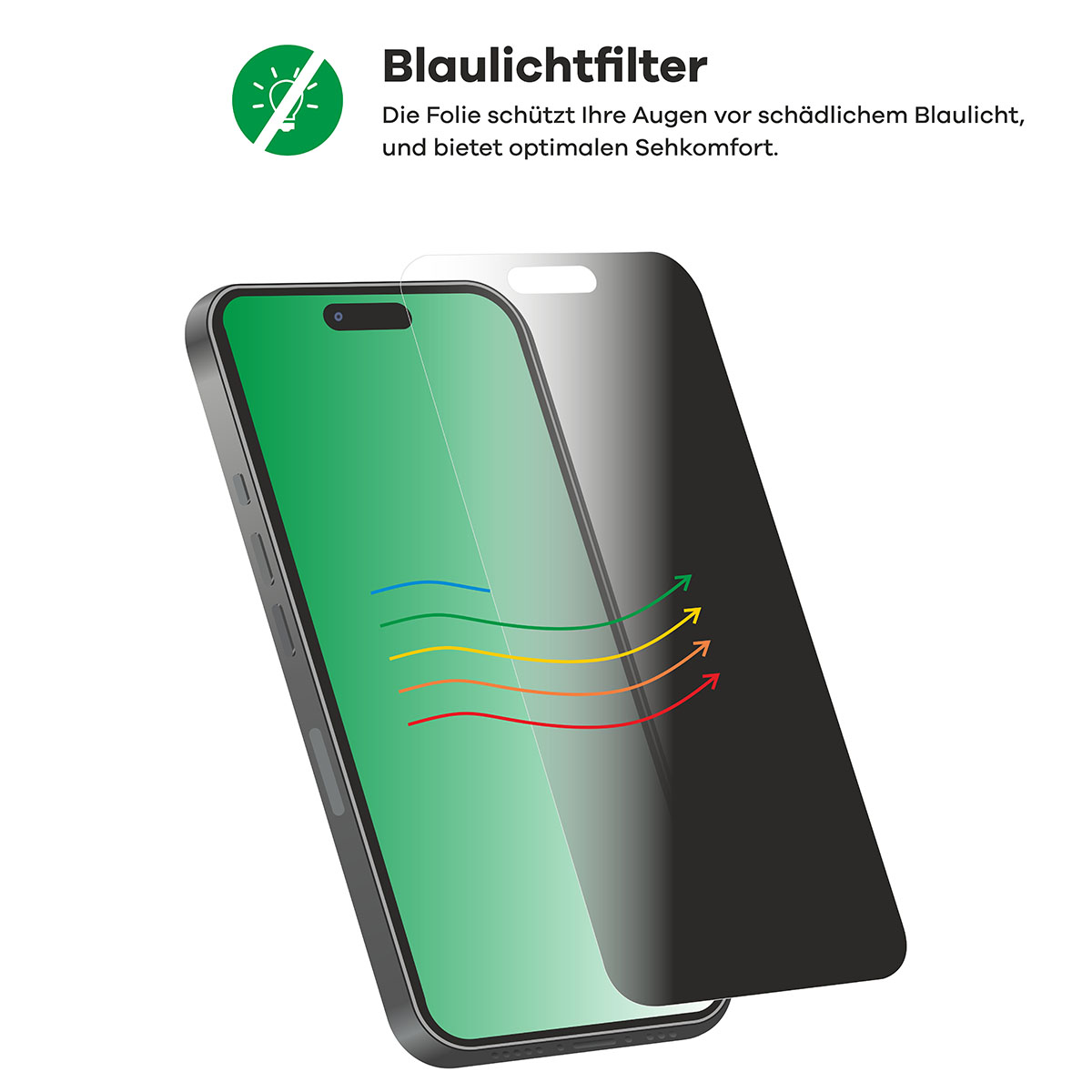 Telefon mit Displayschutz. Pfeile zeigen Farbfilterprozess. Schwarzer Schutz an der Seite.