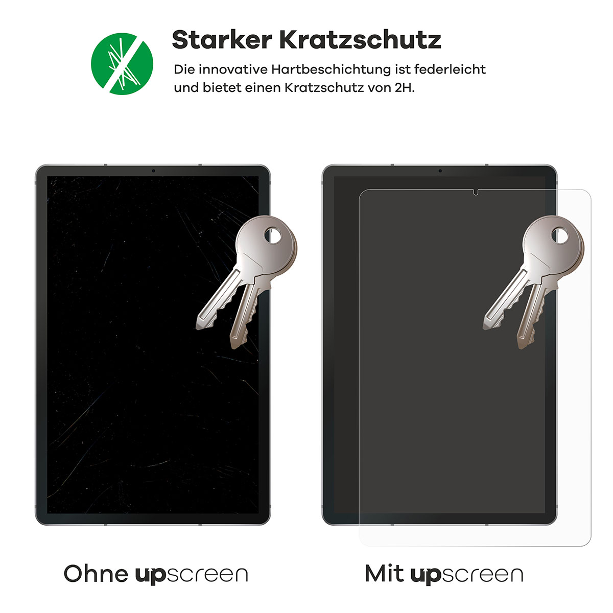Links: zersplitterter Tablet-Bildschirm. Rechts: Tablet-Bildschirm mit Displayschutz und Schlüsseln.