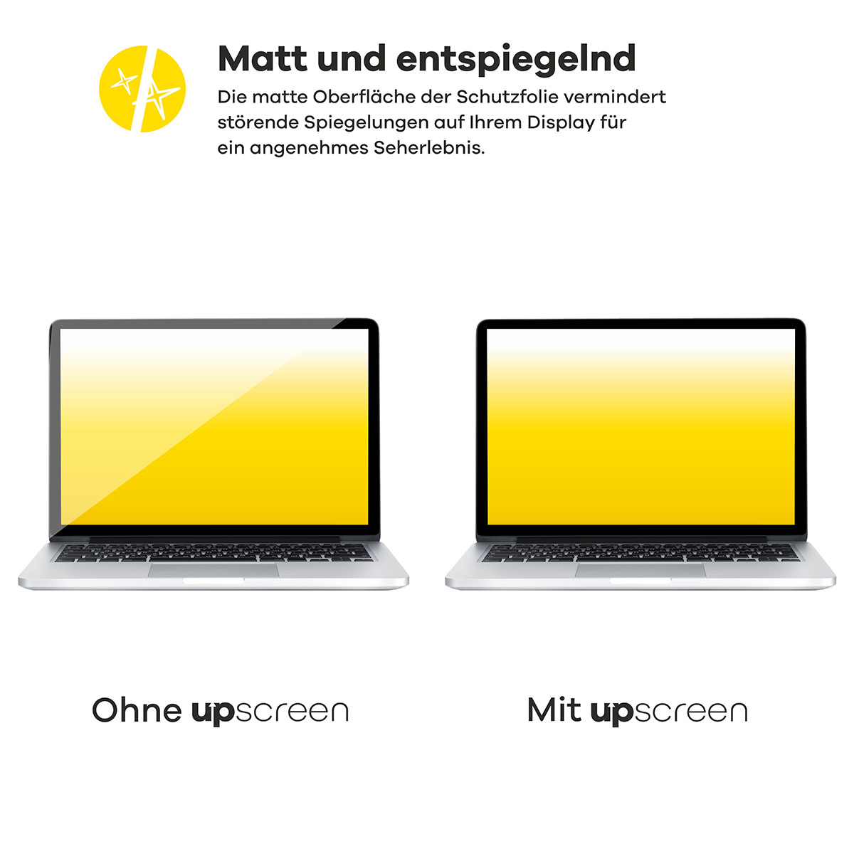 Zwei Laptops mit gelben Bildschirmen, einer ohne und einer mit Displayschutz.