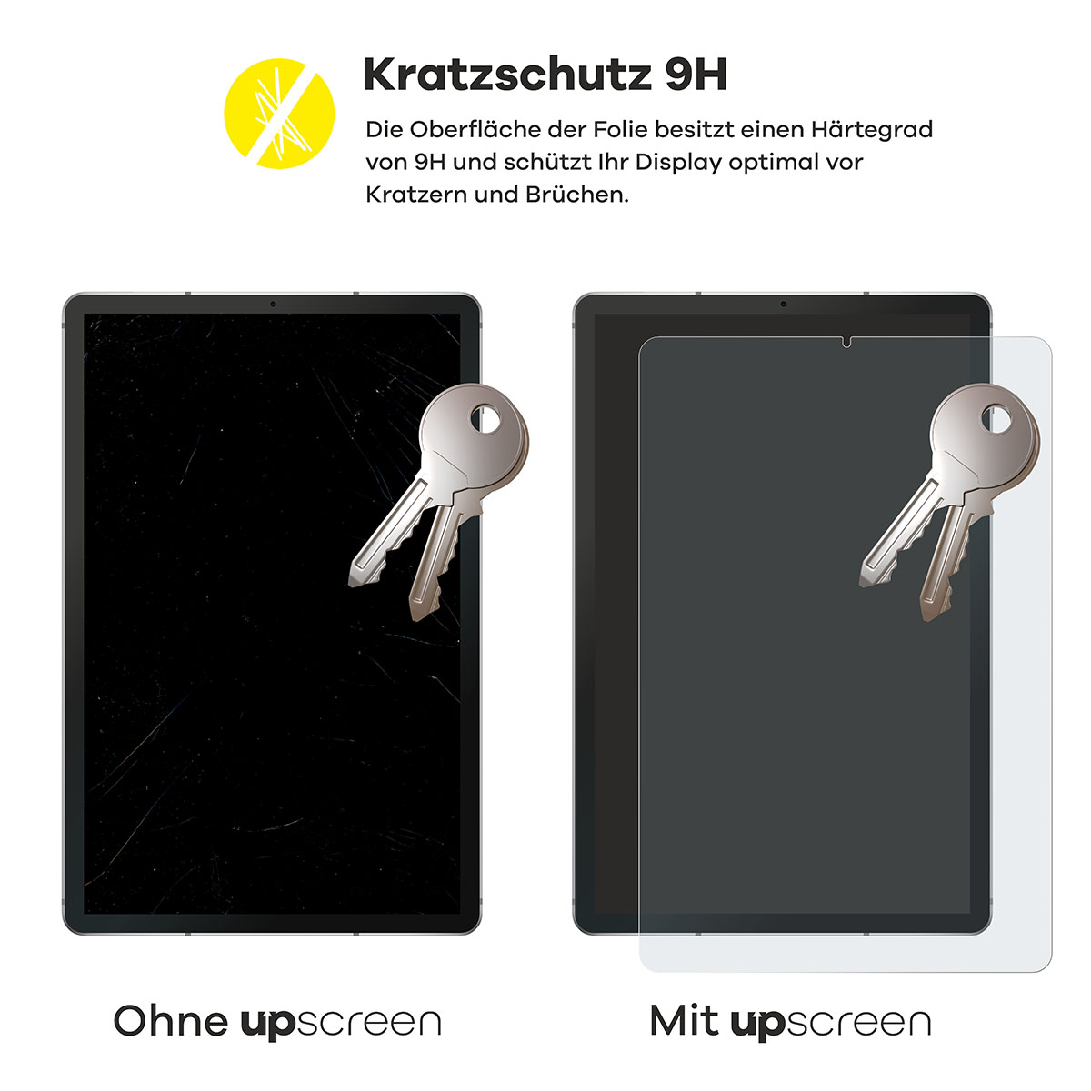 Ein Tablet-Bildschirm ist links beschädigt und rechts durch einen Displayschutz geschützt.