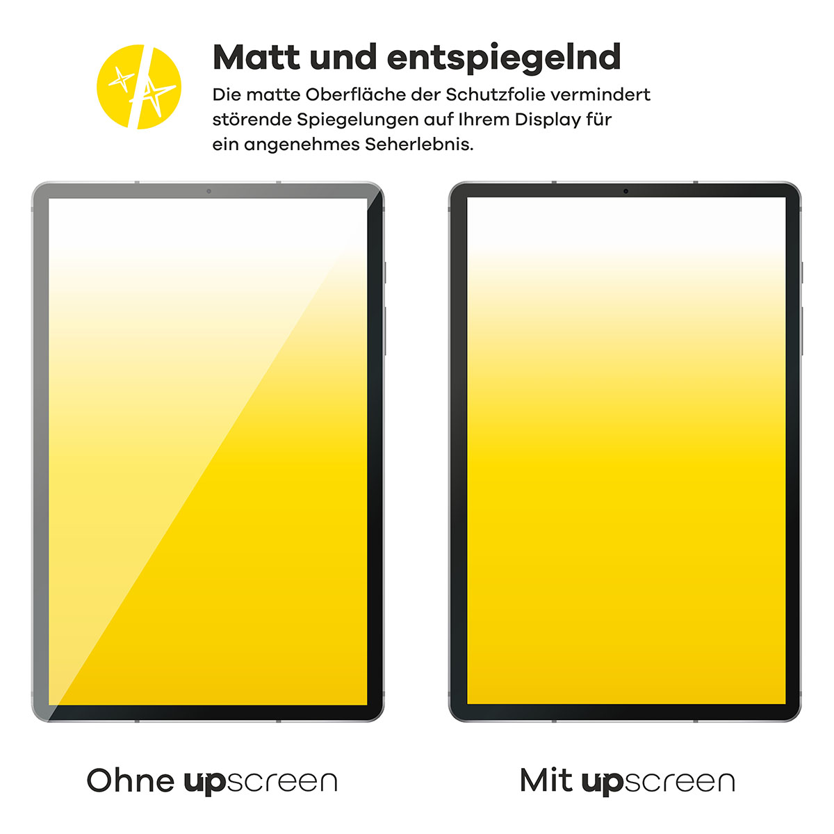 Zwei Tablets mit gelben Bildschirmen, eins ohne und eins mit Displayschutz.