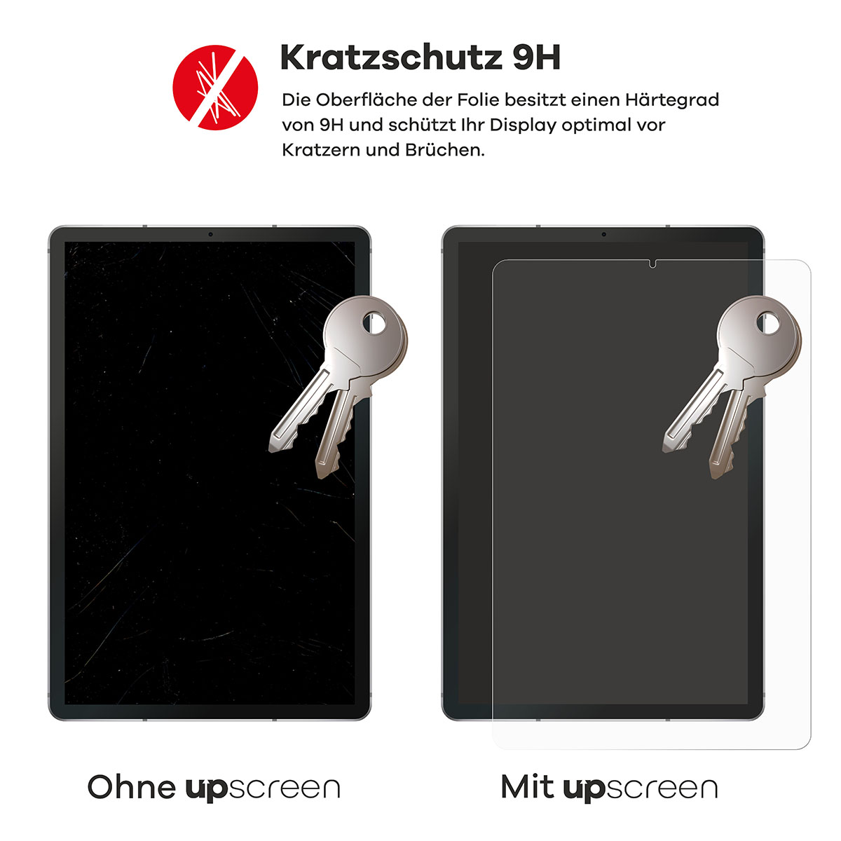Links: zersplitterter Tablet-Bildschirm. Rechts: Tablet-Bildschirm mit Displayschutz und Schlüsseln.