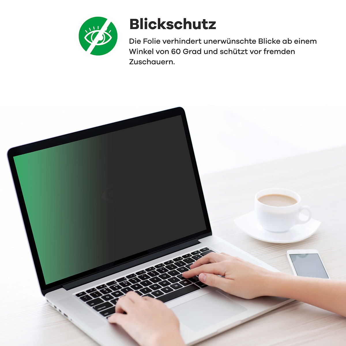 Laptop mit grünem Bildschirm, mit dunklem Farbton. Person, die auf der Tastatur tippt.