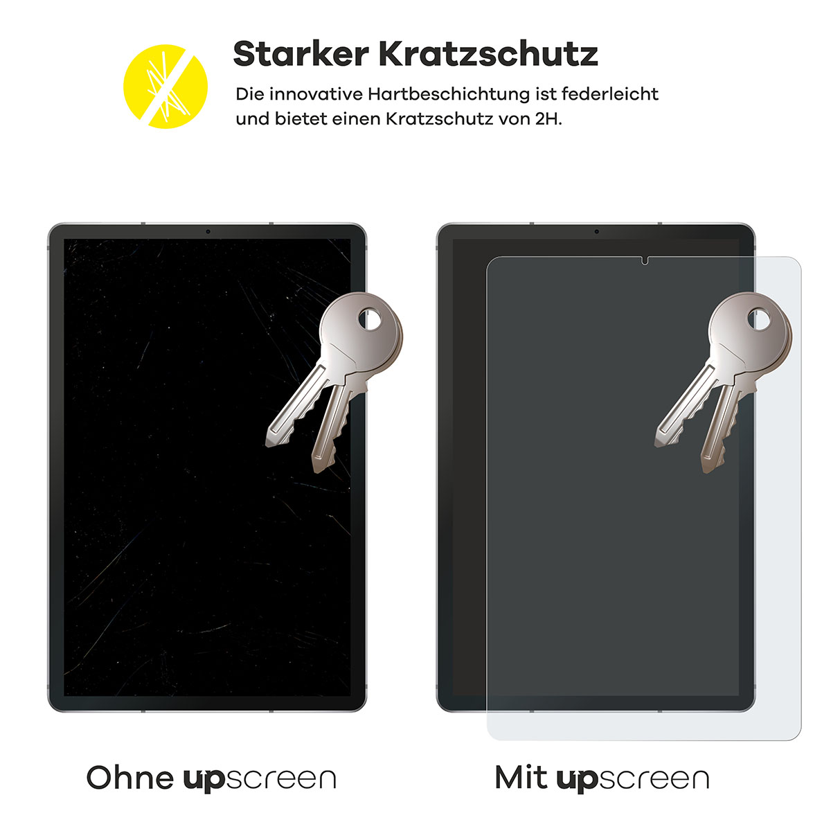 Links: zersplitterter Tablet-Bildschirm. Rechts: Tablet-Bildschirm mit Displayschutz und Schlüsseln.