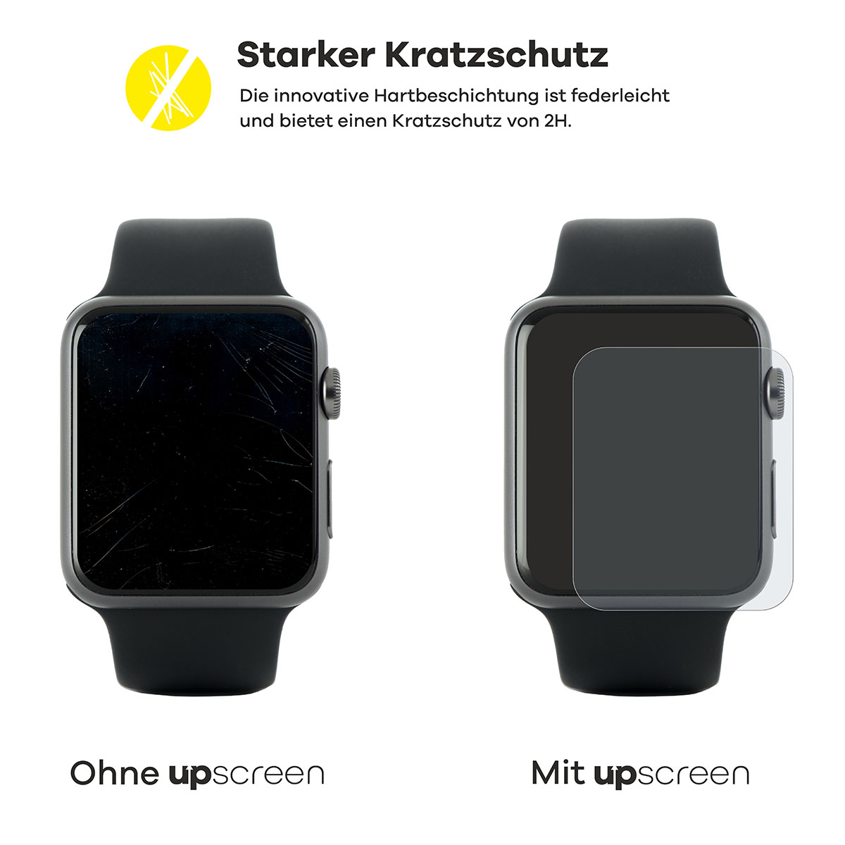 Links: zersplitterter Smartwatch-Bildschirm. Rechts: Smartwatch-Bildschirm mit Displayschutz.