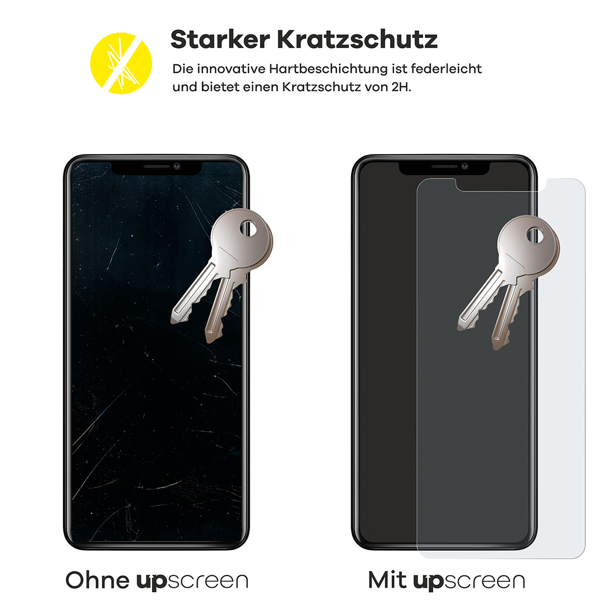 Links: zersplitterter Telefonbildschirm. Rechts: Telefonbildschirm mit Displayschutz und Schlüsseln.
