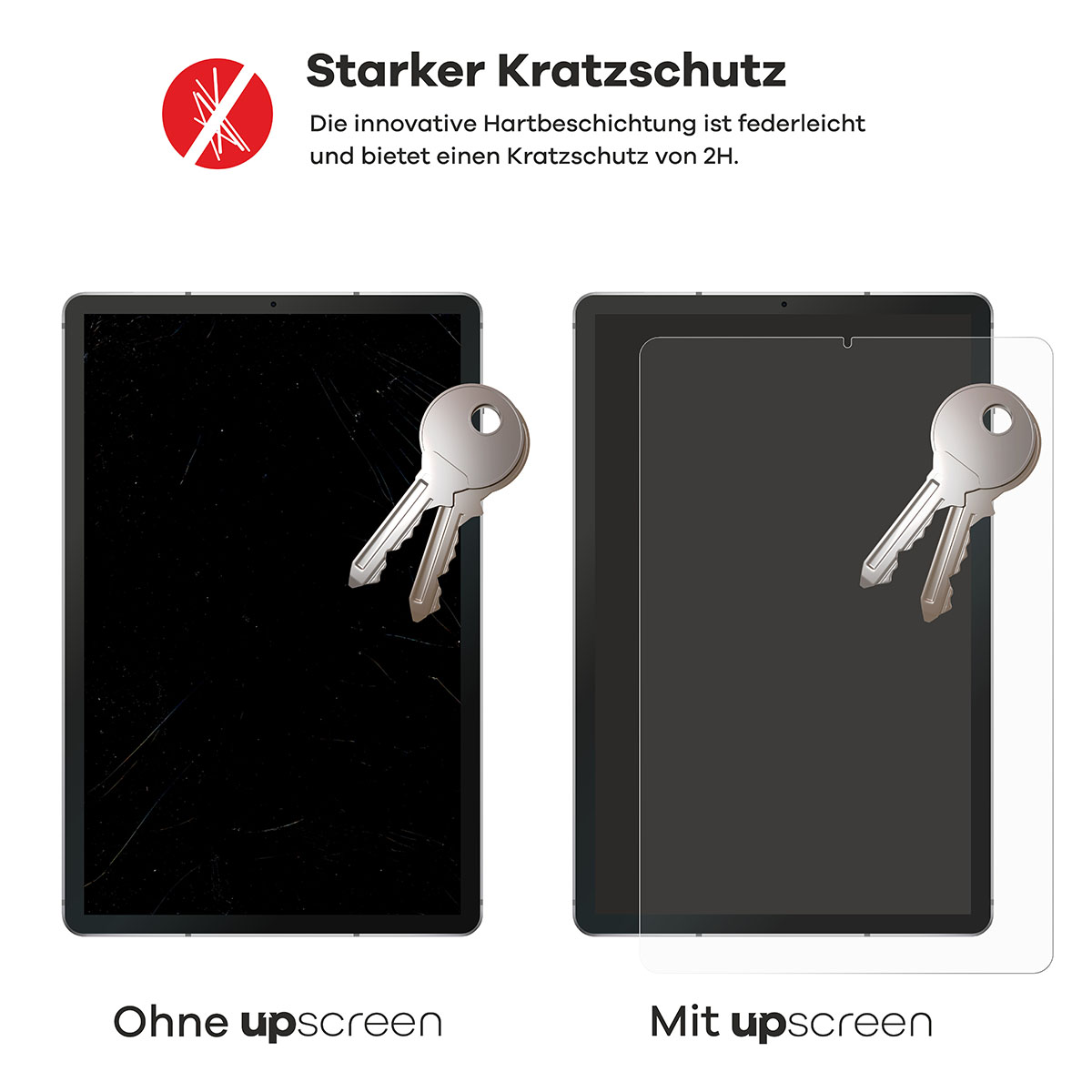 Tablet-Bildschirm mit Schlüsselkratzern und einem Schlüssel. Rechts: Tablet mit Displayschutz.