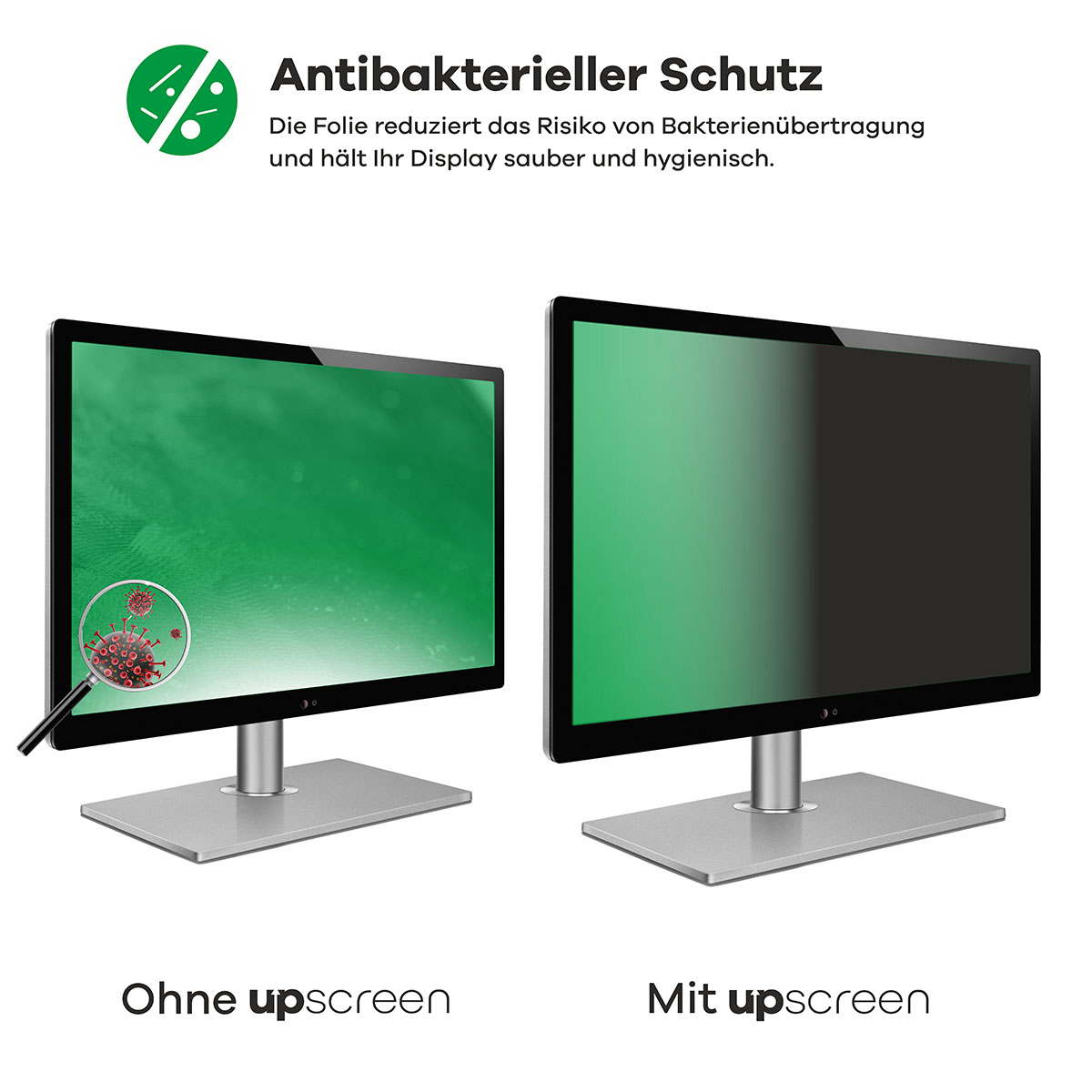 Zwei Monitore, einer mit Virusgrafik, der andere mit Displayschutz.