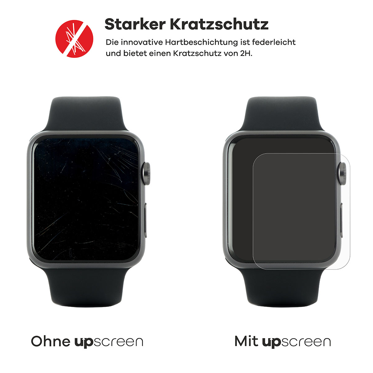 Zwei Smartwatches, eine mit zerkratztem Bildschirm, die andere mit Displayschutz.