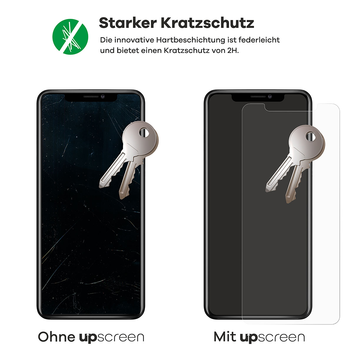 Telefonbildschirm mit Schlüsselkratzern und einem Schlüssel. Rechts: Telefon mit Displayschutz.