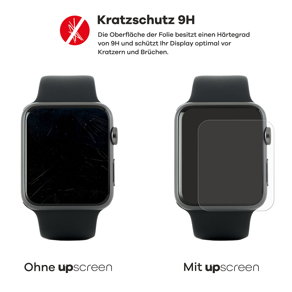 Zwei Zifferblätter mit Schutzfolie. Eines ist zerkratzt, das andere geschützt.