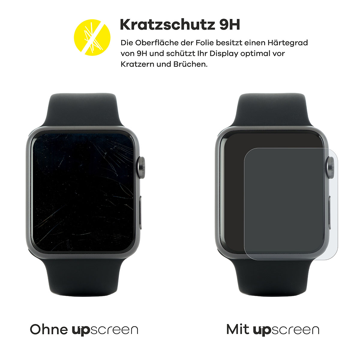 Zwei Zifferblätter mit Schutzfolie. Eines ist zerkratzt, das andere geschützt.