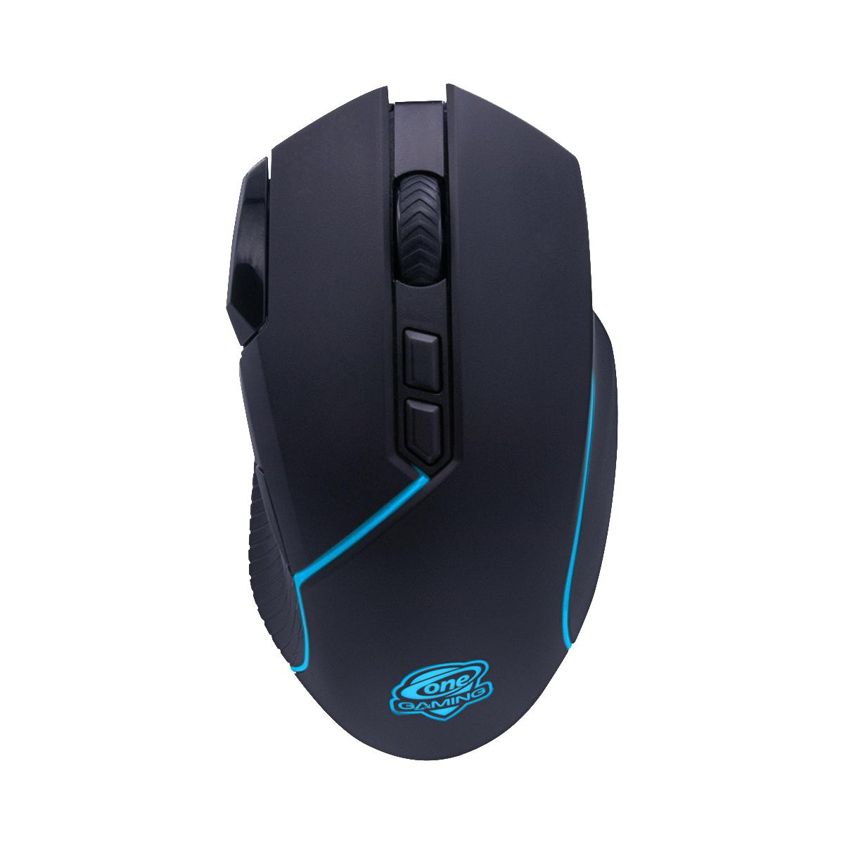 Schwarze Gaming-Maus mit blauen Lichtern und Logo.