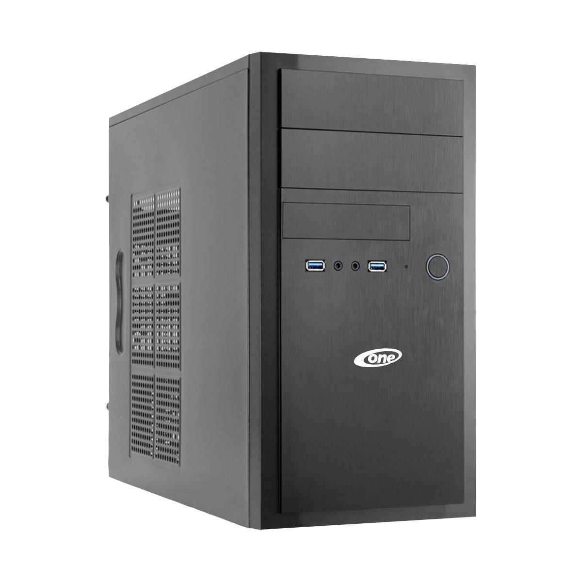 Schwarzes Computergehäuse mit Knöpfen und Logo. Weißer Hintergrund.