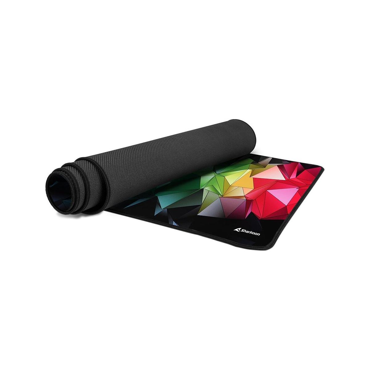 Tapis de souris roulé avec un design géométrique coloré. Dessous noir.