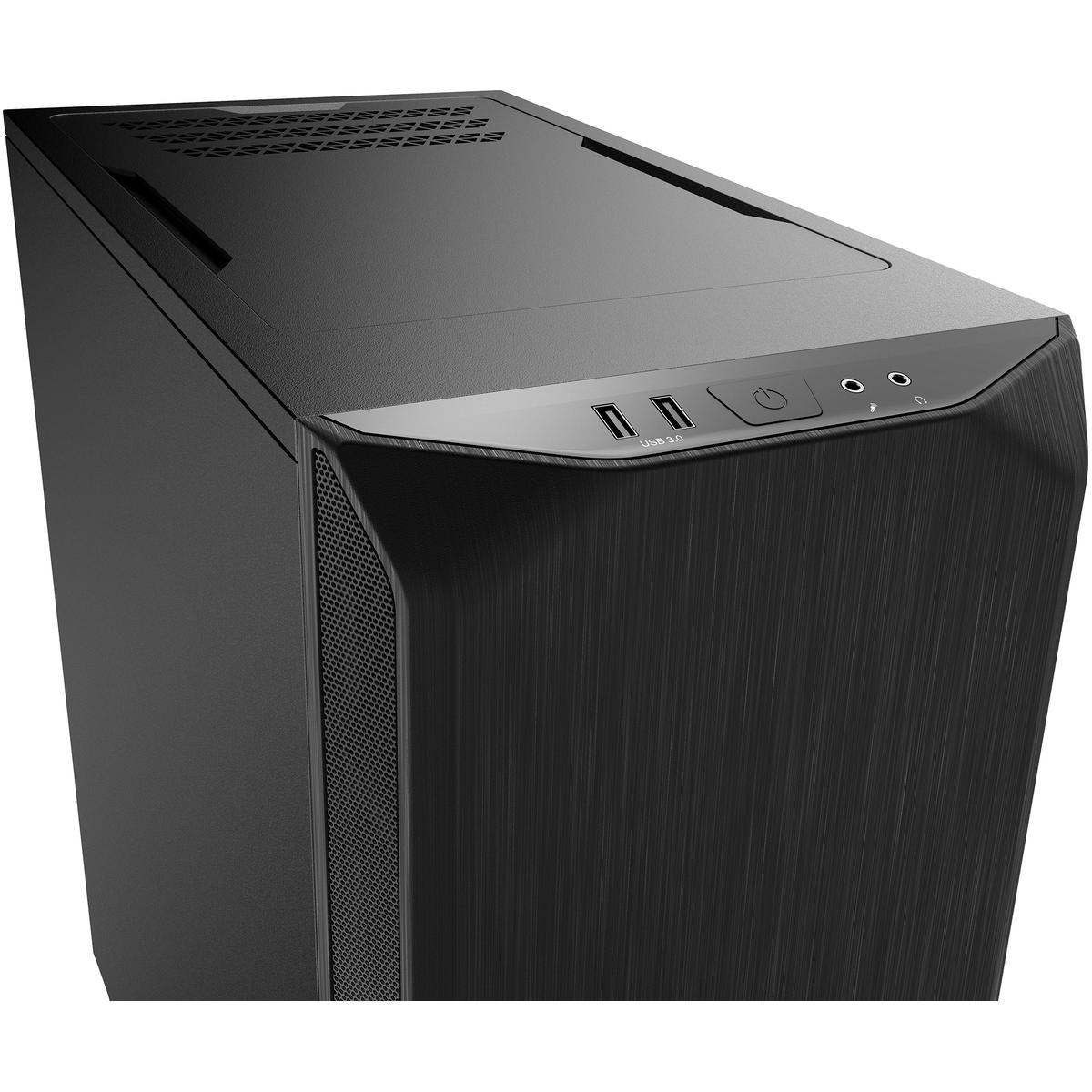 Schwarzes Computergehäuse mit USB-Anschlüssen, Ein/Aus-Taste und Lüftungsschlitzen.