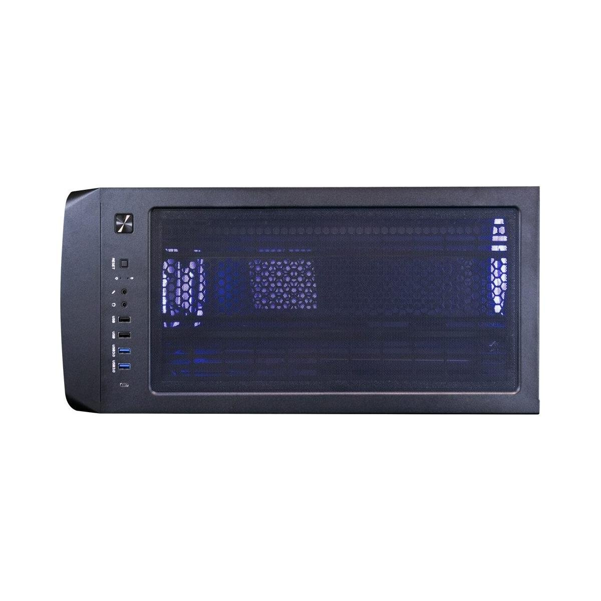 Schwarzes Computergehäuse mit Mesh-Front und blauer Innenbeleuchtung. Es hat verschiedene Anschlüsse an der Seite.