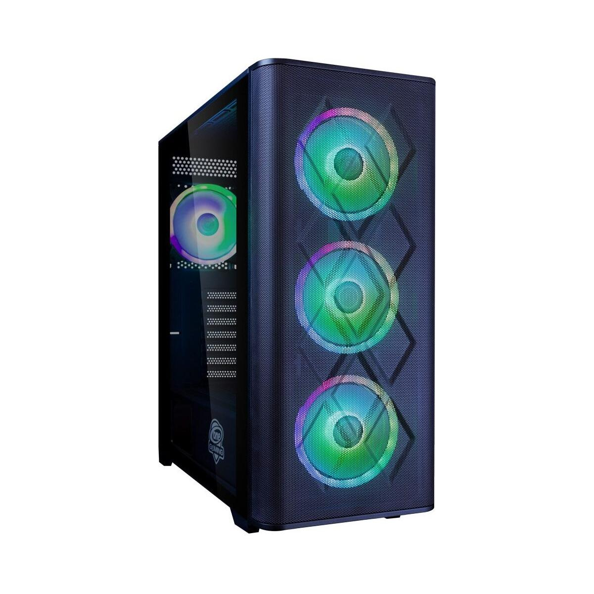 Schwarzes Computergehäuse mit bunten Lüftern; Seitenansicht des Computergehäuses.