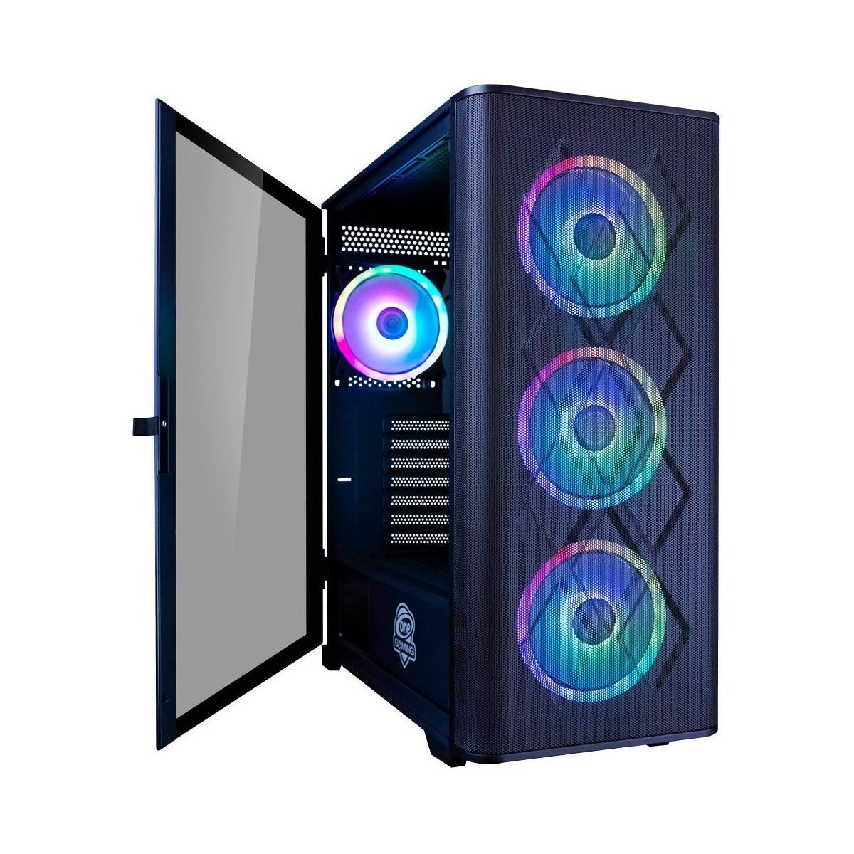 Gaming-PC-Gehäuse mit RGB-Lüftern und geöffneter Glas-Seitenwand.