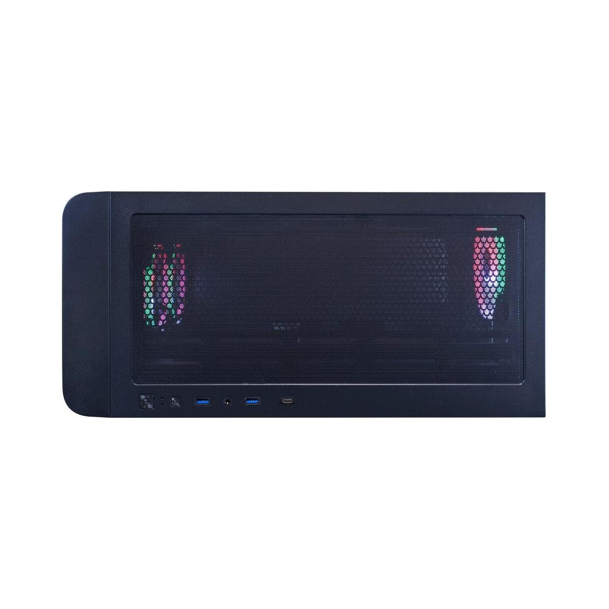 Schwarzes Computergehäuse mit Mesh-Frontplatten, beleuchtet von farbenfrohen LEDs. Sauberer, weißer Hintergrund.