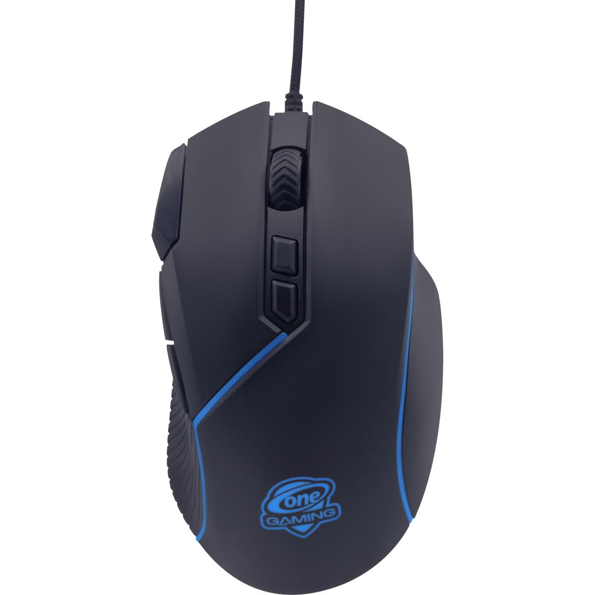 Schwarze Gaming-Maus mit blauen LED-Lichtern und einem Logo auf weißem Hintergrund.