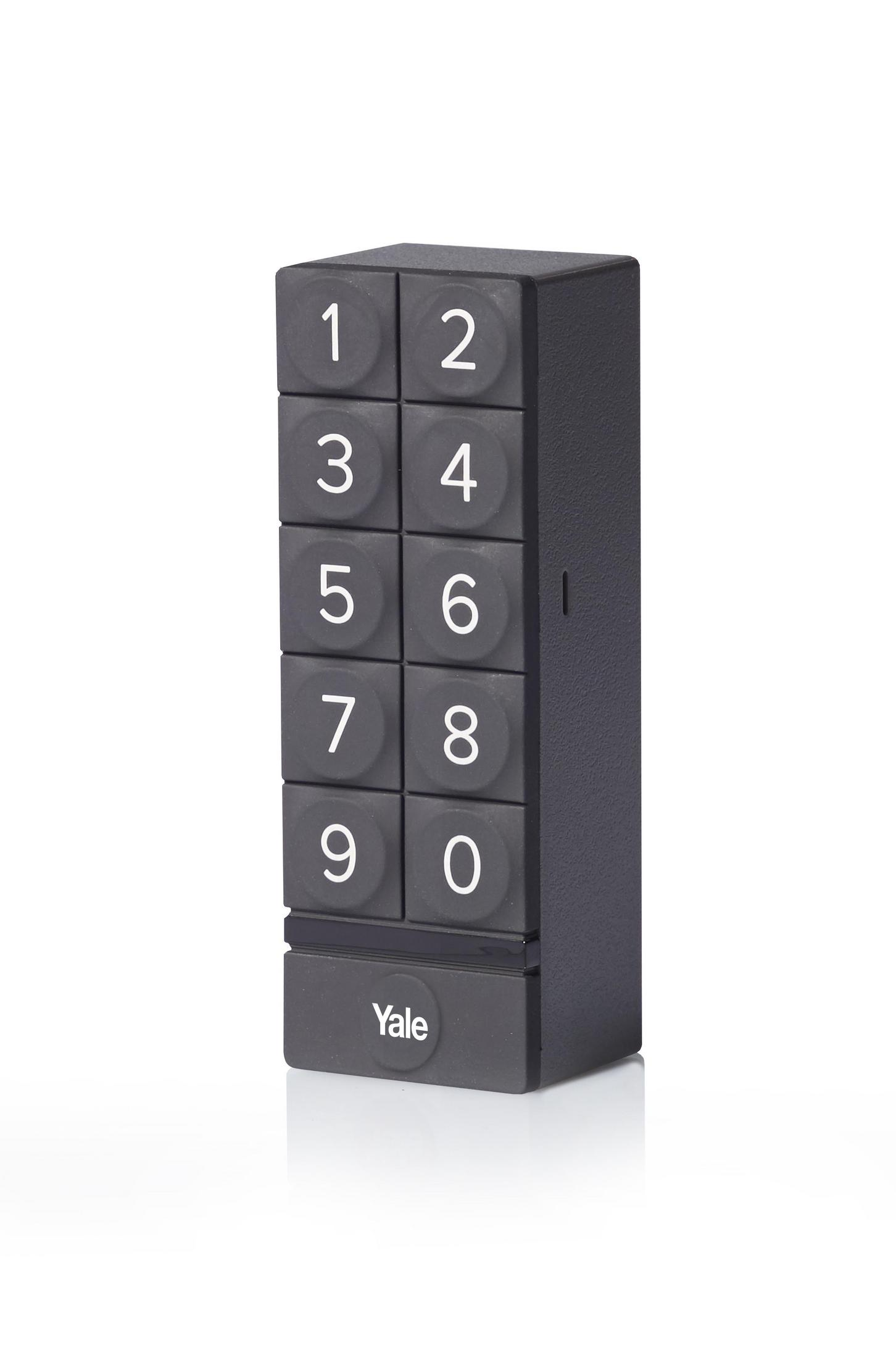 Czarna klawiatura Yale z przyciskami numerycznymi 1-0. Logo Yale znajduje się na dole.